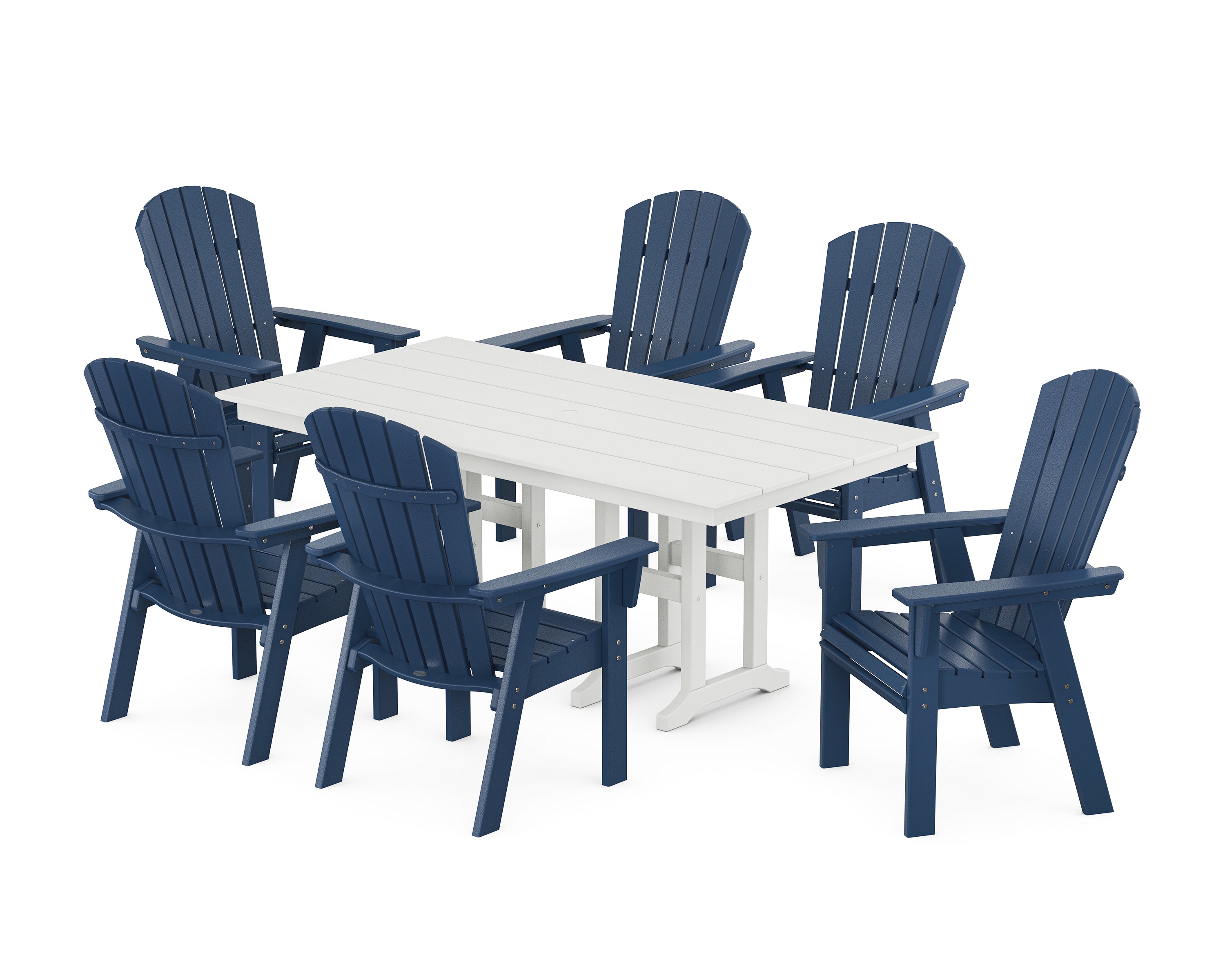 POLYWOOD Nautical Curveback Adirondack 7-Piece Farmhouse Dining Set in Navy / White