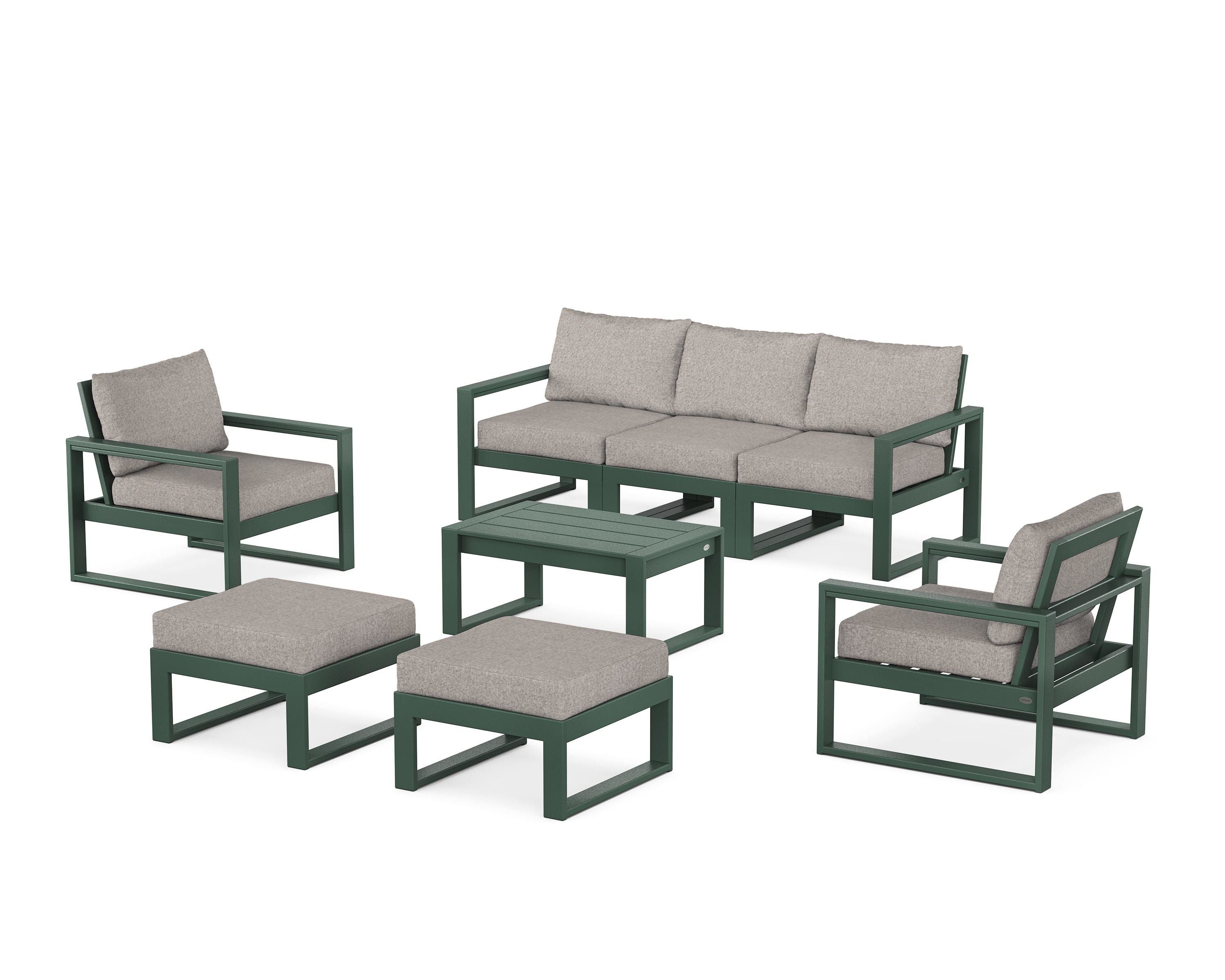 POLYWOOD EDGE Sectional 8-Piece Lounge Sofa Set in Green / Weathered Tweed