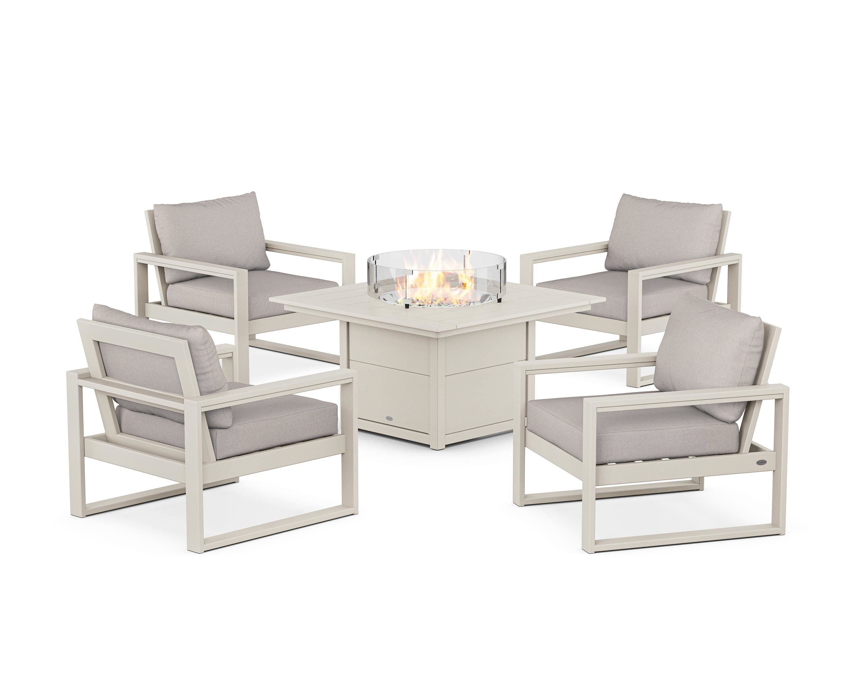 POLYWOOD EDGE Sectional 5-Piece Deep Seating Set with Fire Pit Table in Sand / Dune Burlap