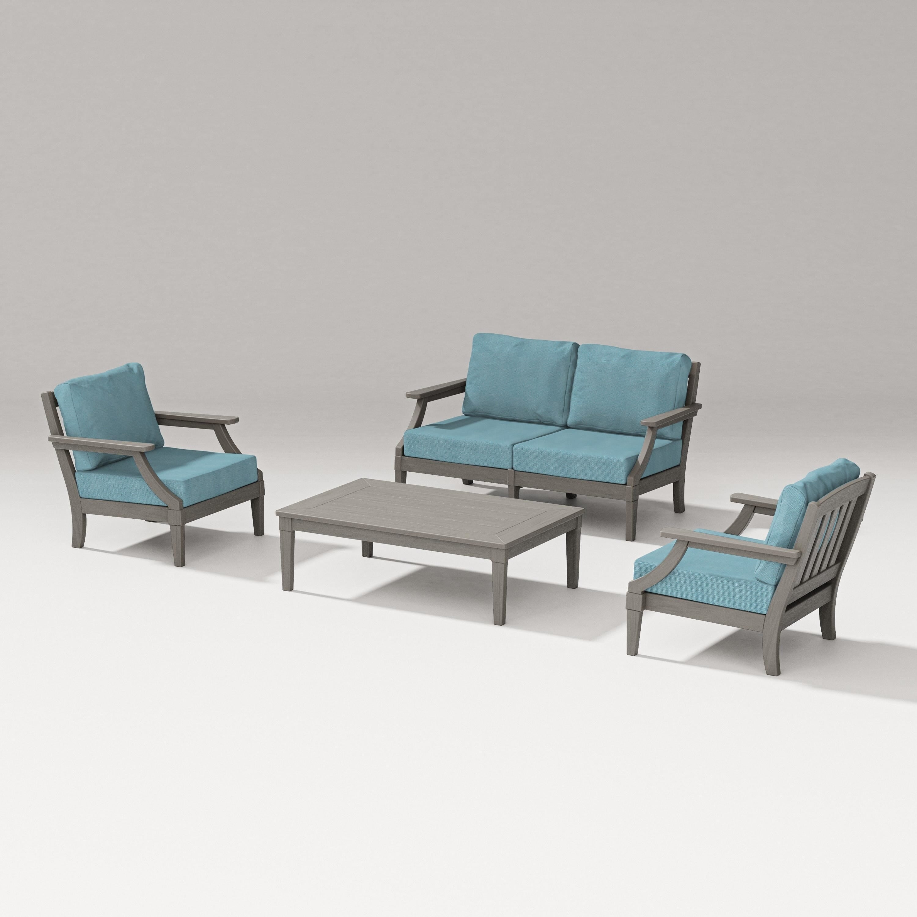 PW Designer Series Estate Lounge 4-Piece Loveseat Set in Driftwood / Lattice Sky Blue