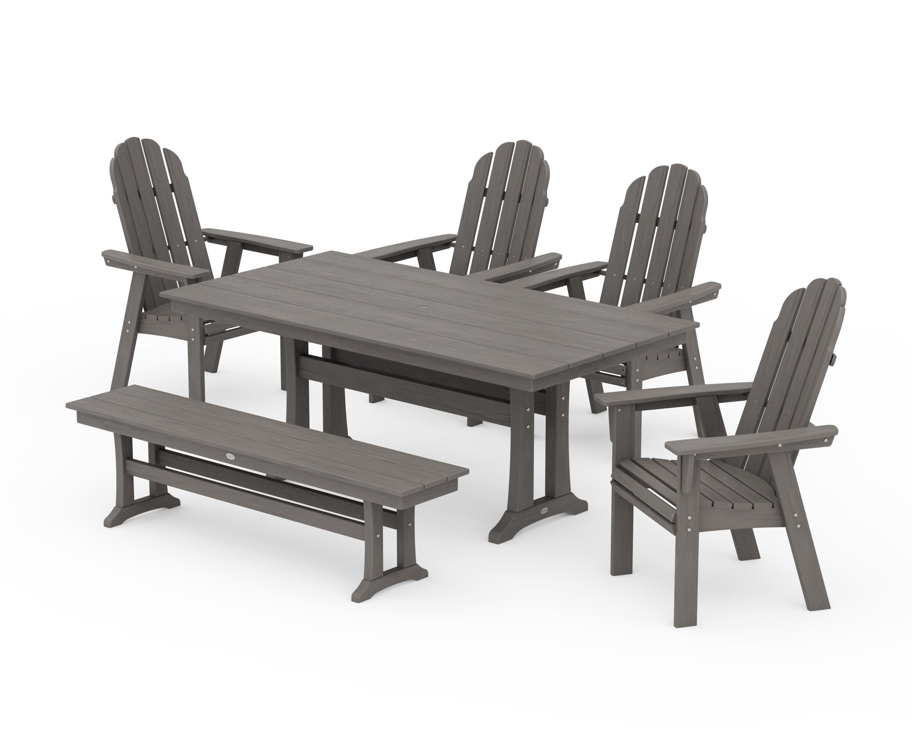 POLYWOOD Vineyard Curveback Adirondack Chair 6-Piece Farmhouse Dining Set with Trestle Legs and Bench in Driftwood