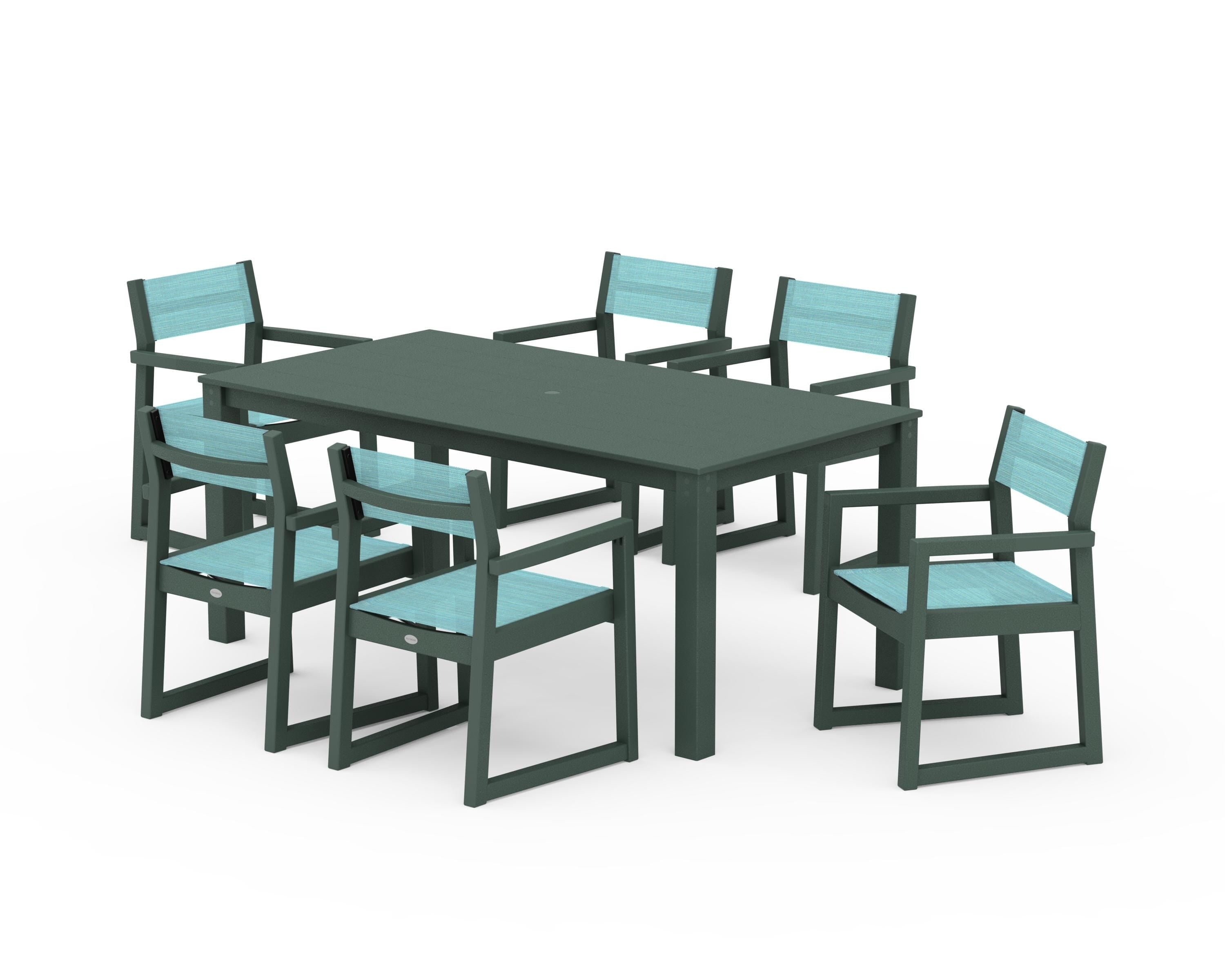 POLYWOOD EDGE Sling Arm Chair 7-Piece Parsons Dining Set in Green / Dupioni Aquamarine Sling