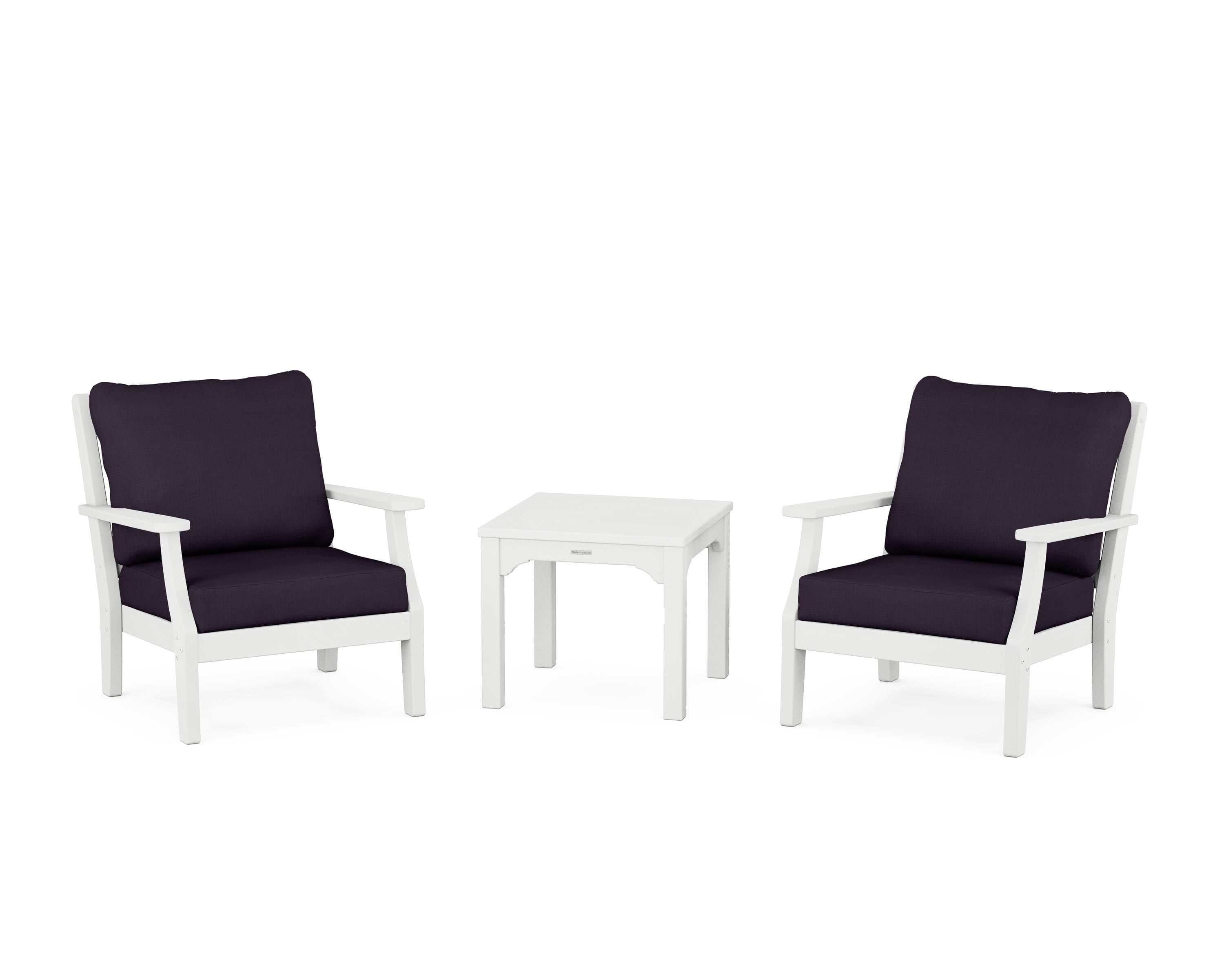 Martha Stewart by POLYWOOD Chinoiserie 3-Piece Deep Seating Set in White / Navy Linen