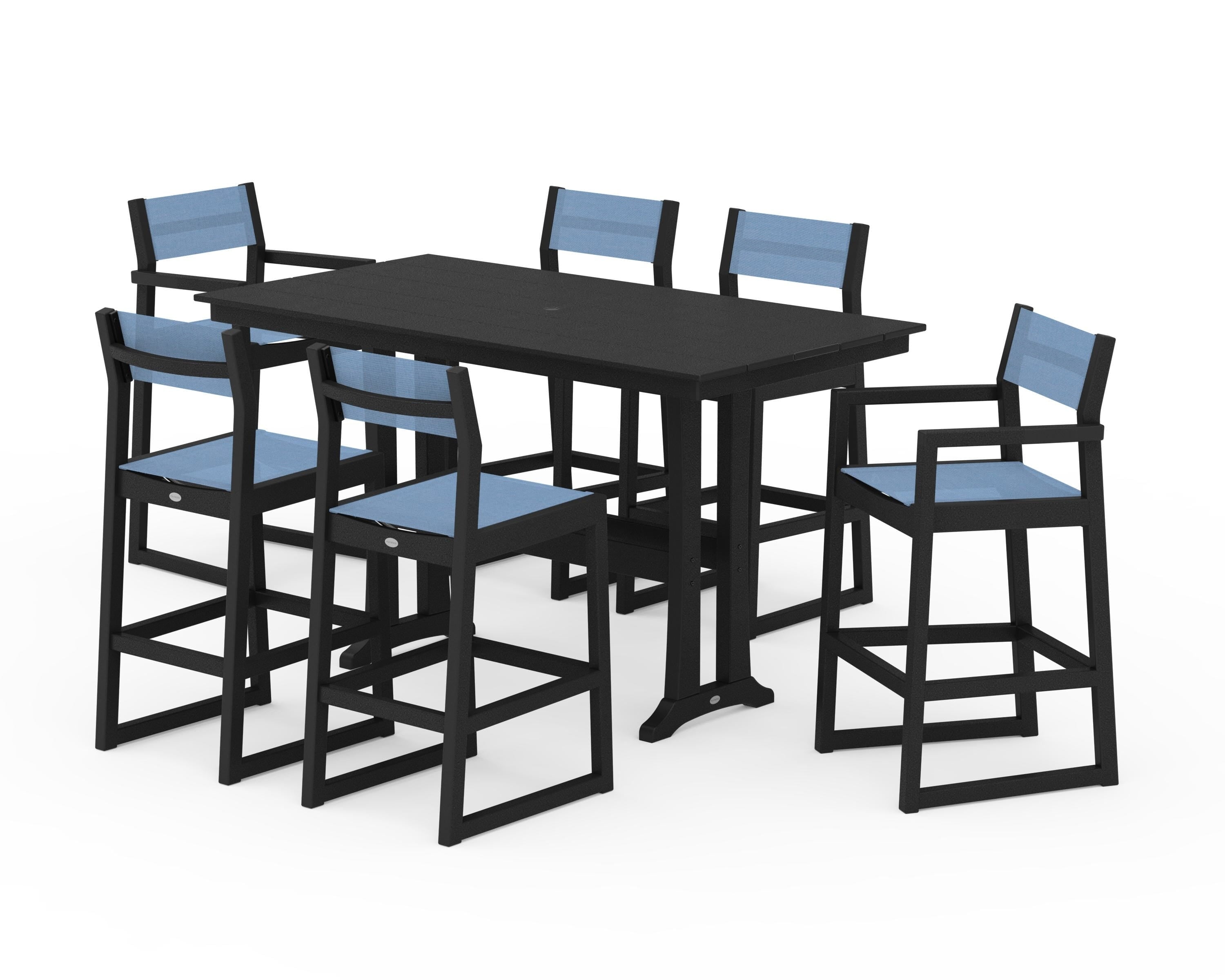 POLYWOOD EDGE Sling 7-Piece Farmhouse Bar Set with Trestle Legs in Black / Poolside Sling