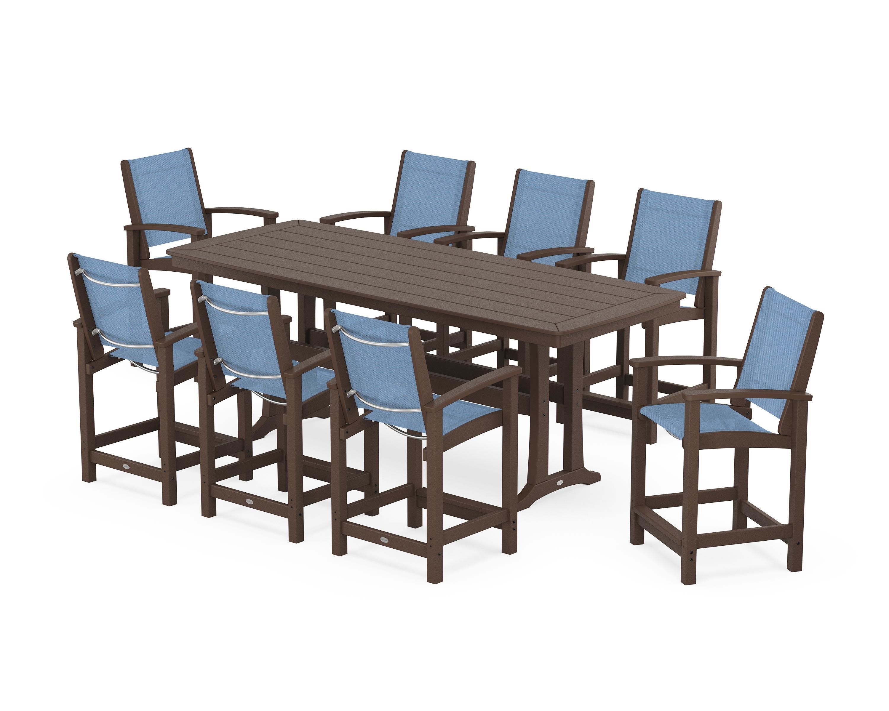 POLYWOOD Coastal 9-Piece Counter Set with Trestle Legs in Mahogany / Poolside Sling