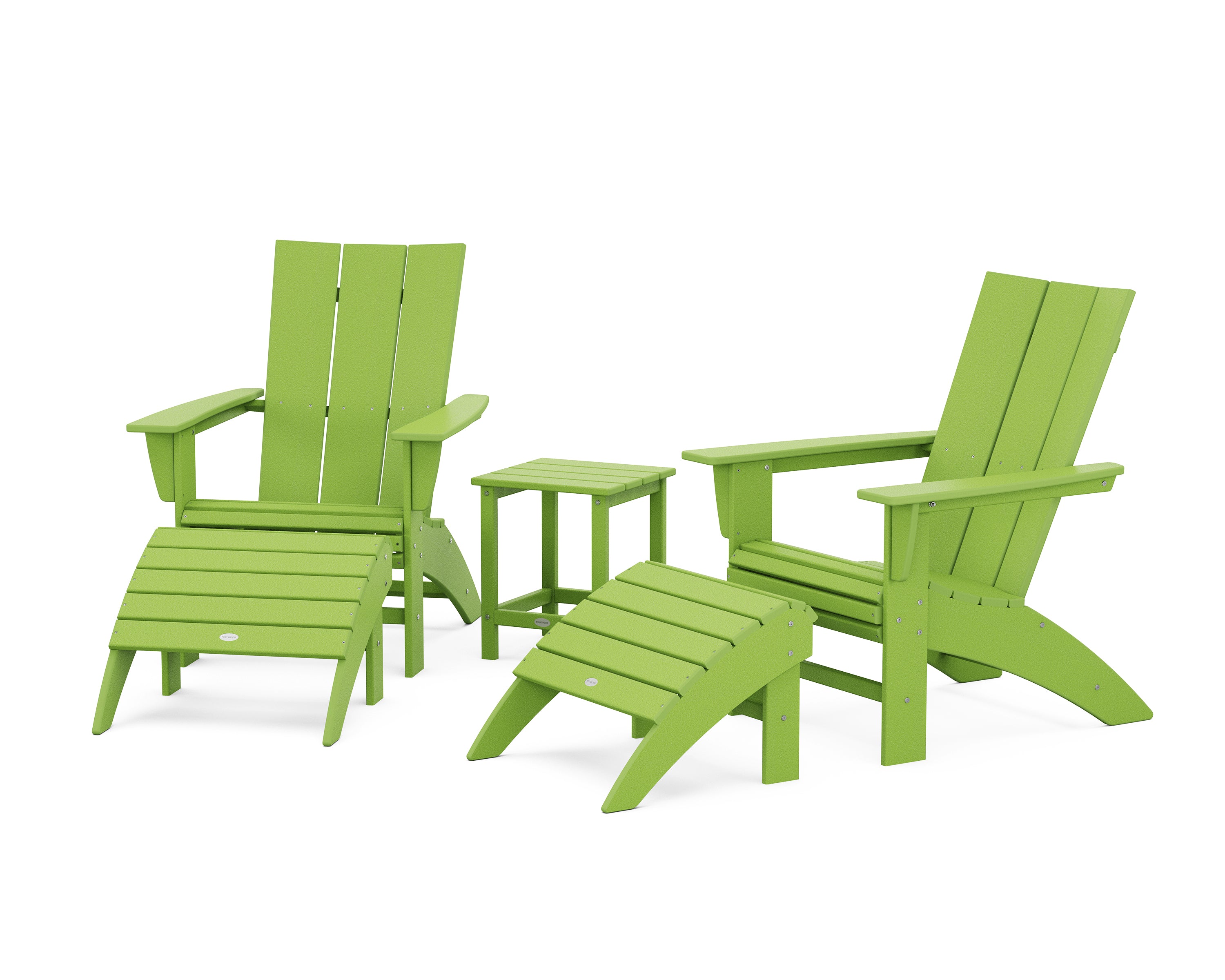 POLYWOOD® Modern Curveback Adirondack Chair 5-Piece Set with Ottomans and 18" Side Table in Lime