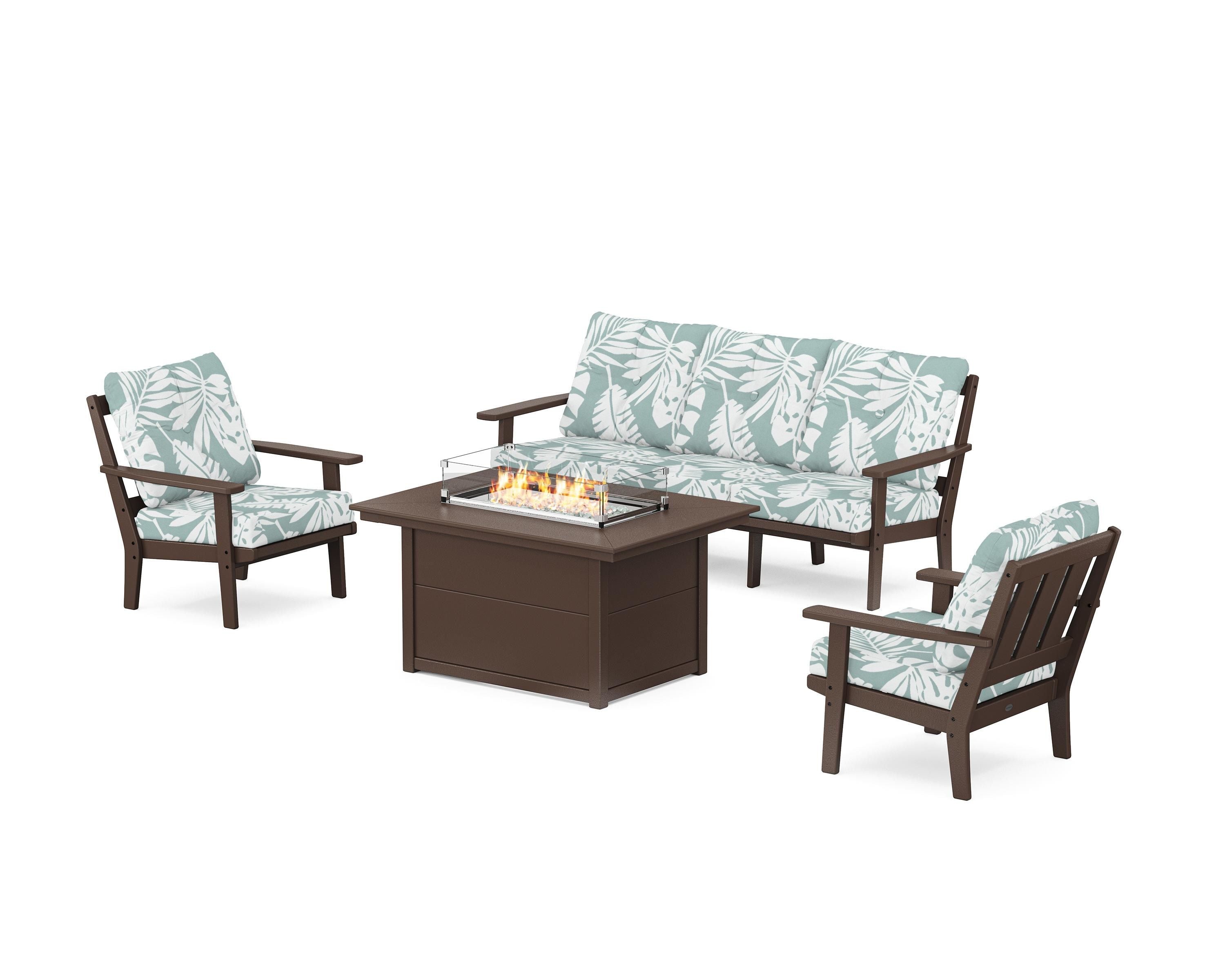 POLYWOOD Oxford Deep Seating Fire Pit Table Set in Mahogany / Leaf Glacier Spa