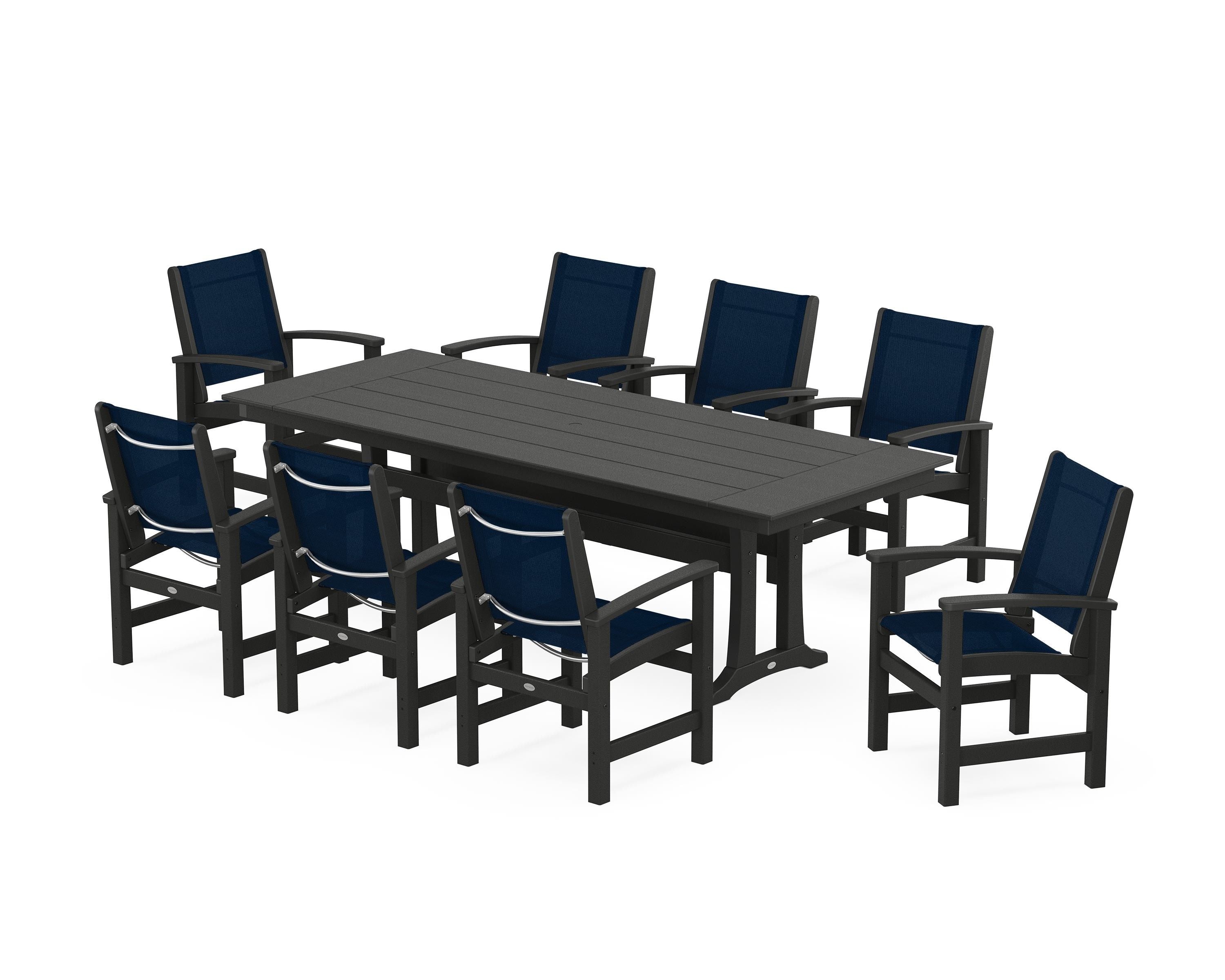 POLYWOOD Coastal 9-Piece Farmhouse Dining Set with Trestle Legs in Black / Navy Blue Sling