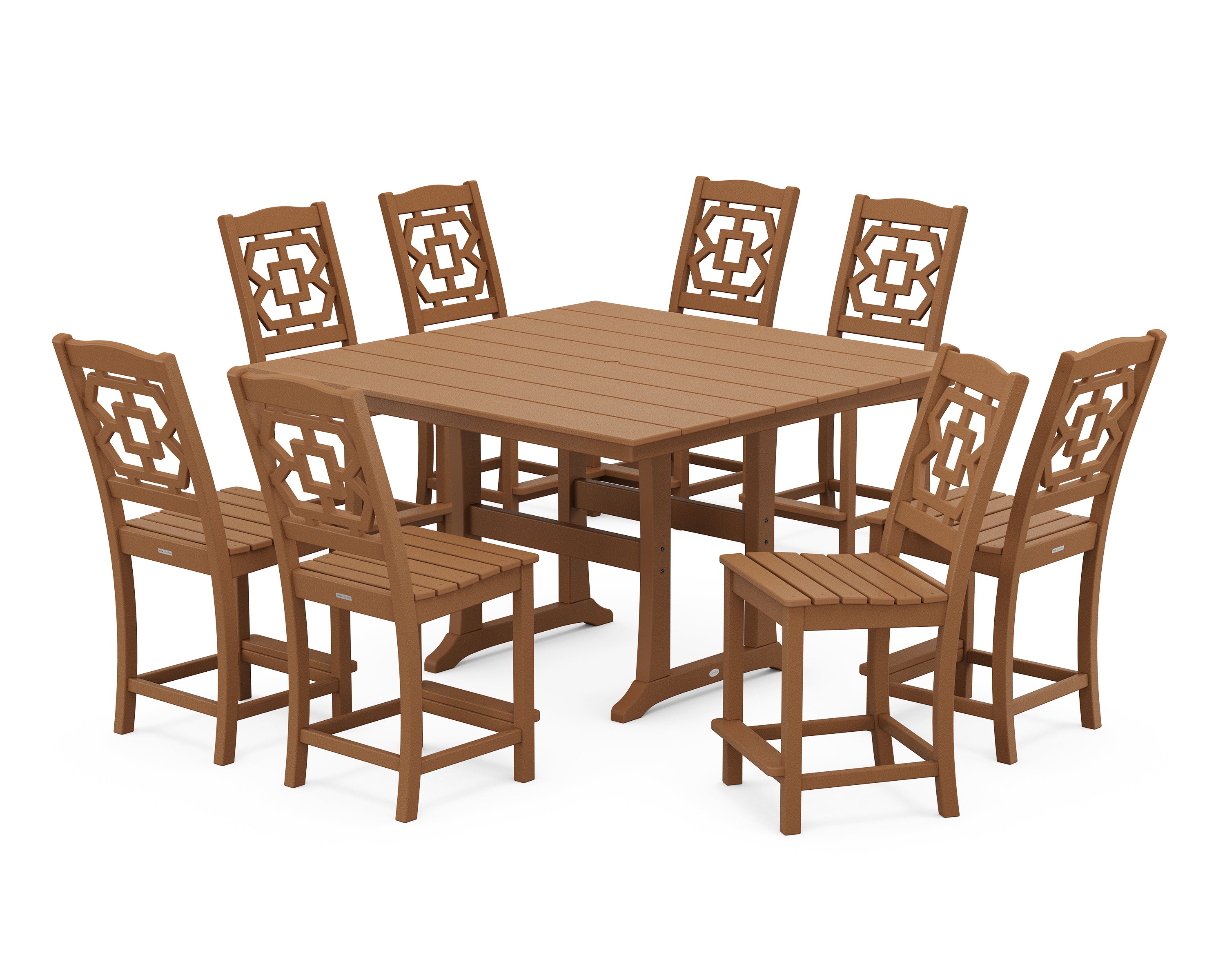 Martha Stewart by POLYWOOD® Chinoiserie 9-Piece Square Farmhouse Side Chair Counter Set with Trestle Legs in Teak