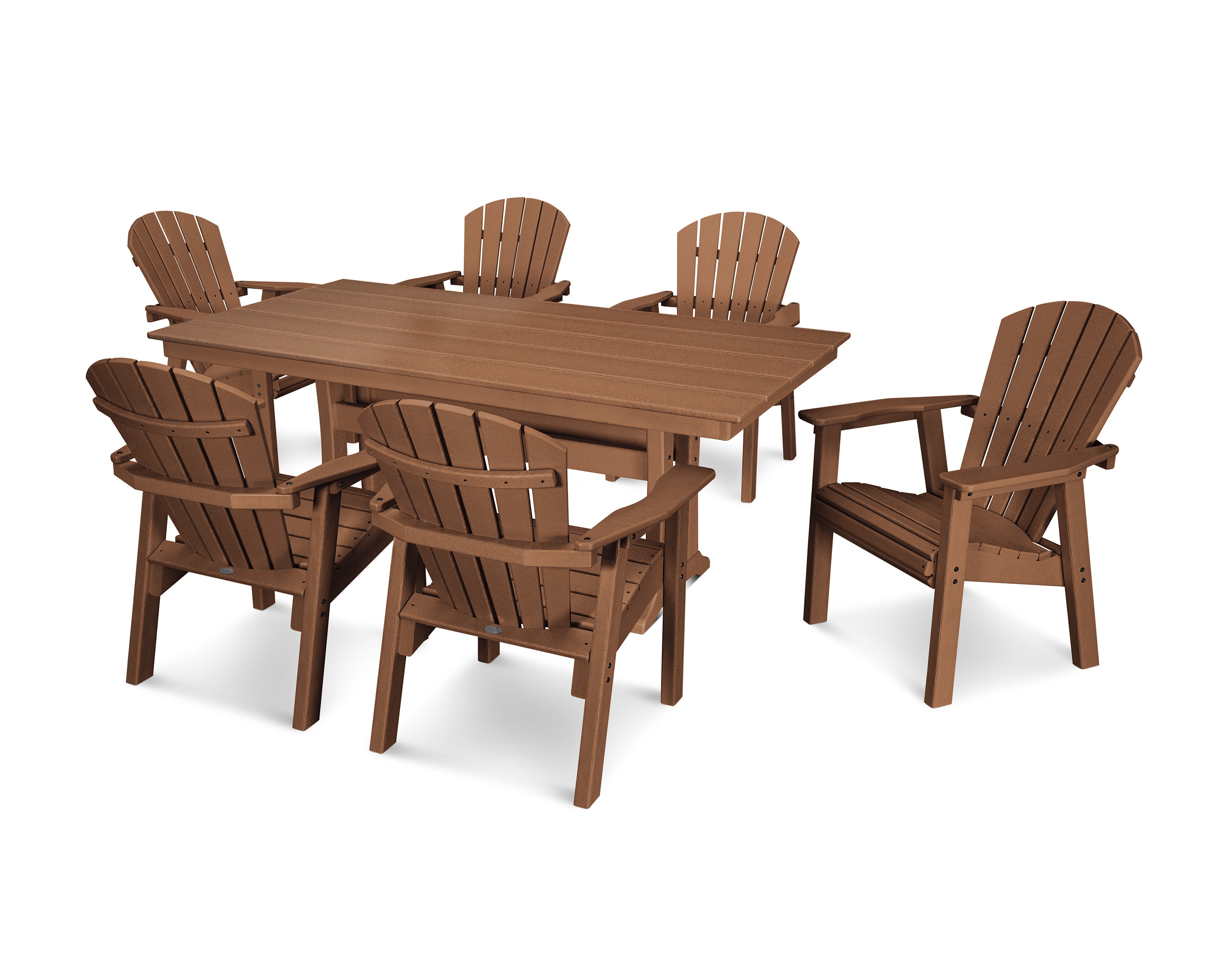POLYWOOD® Seashell 7- Piece Farmhouse Dining Set with Trestle Legs in Teak
