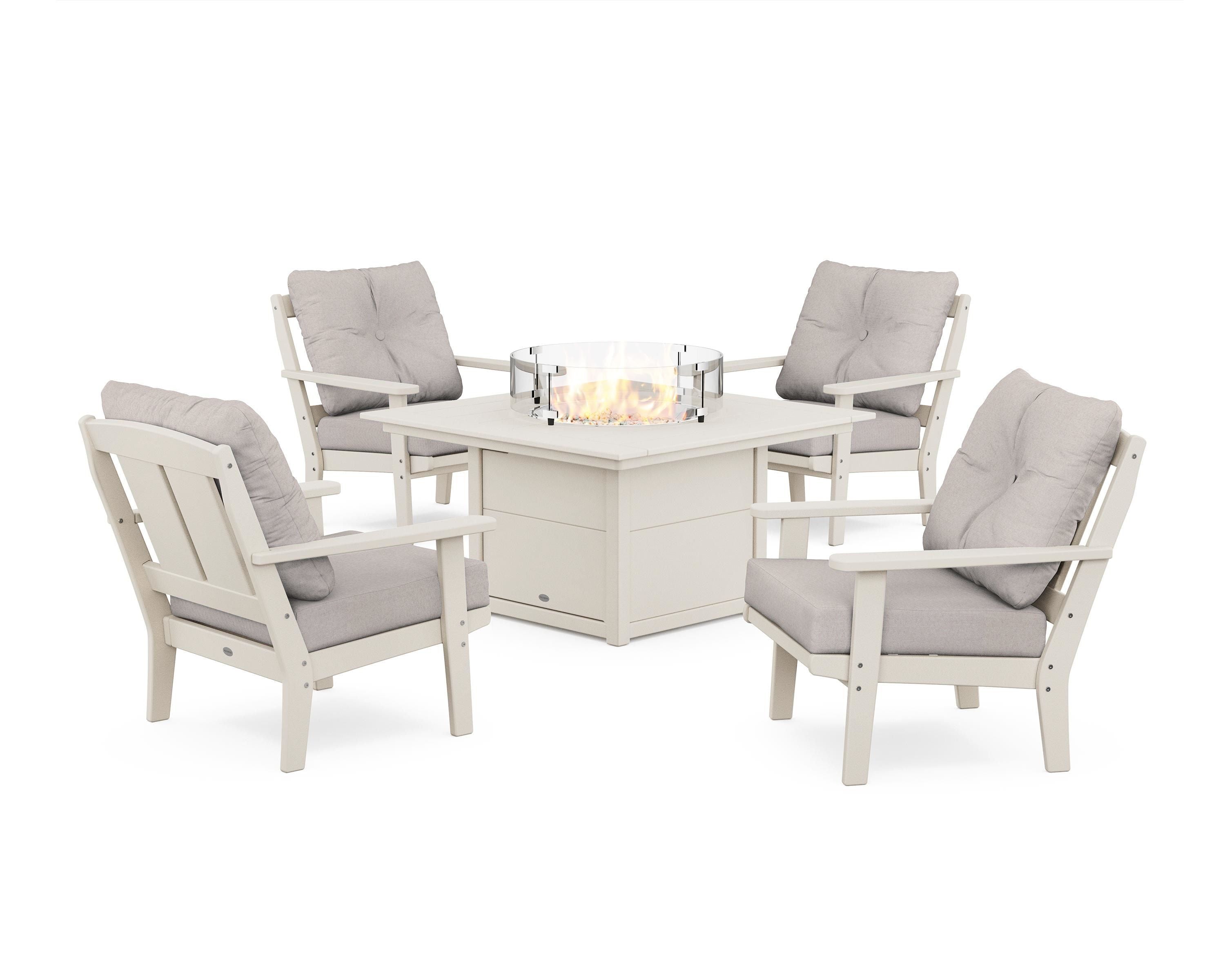 POLYWOOD Mission 5-Piece Deep Seating Set with Fire Pit Table in Sand / Dune Burlap