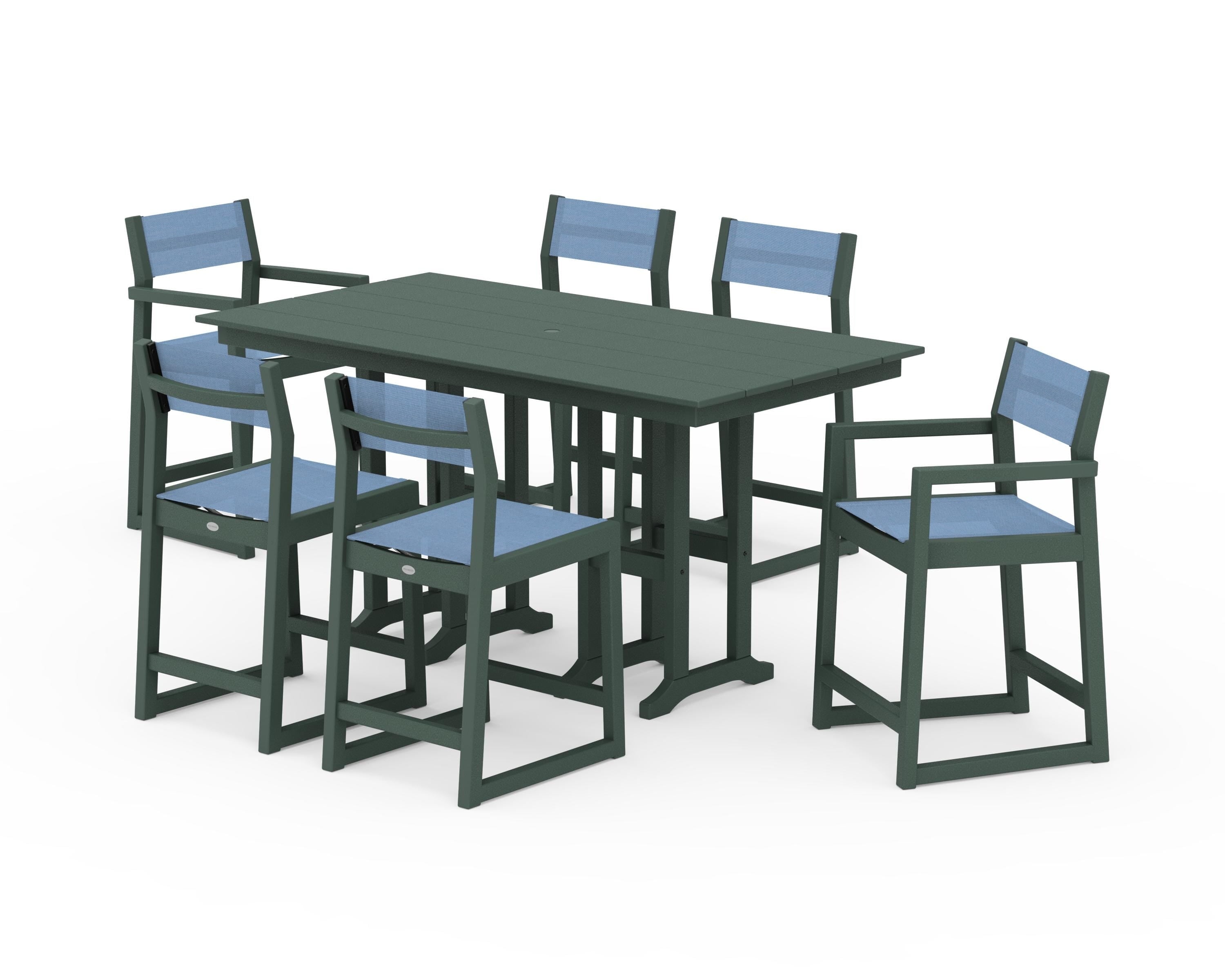 POLYWOOD EDGE Sling 7-Piece Farmhouse Counter Set with Trestle Legs in Green / Poolside Sling
