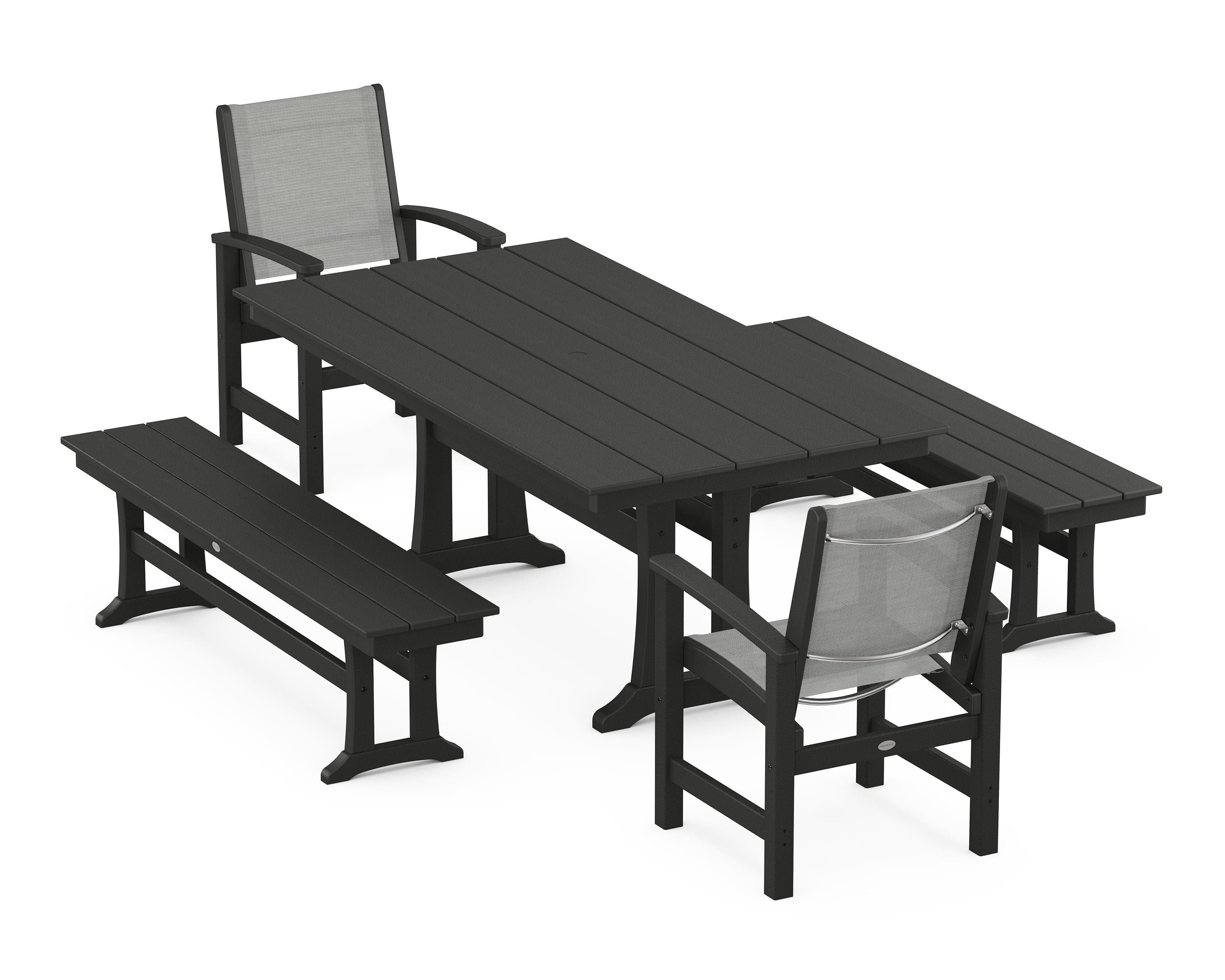 POLYWOOD Coastal 5-Piece Farmhouse Dining Set with Trestle Legs and Benches in Black / Metallic Sling