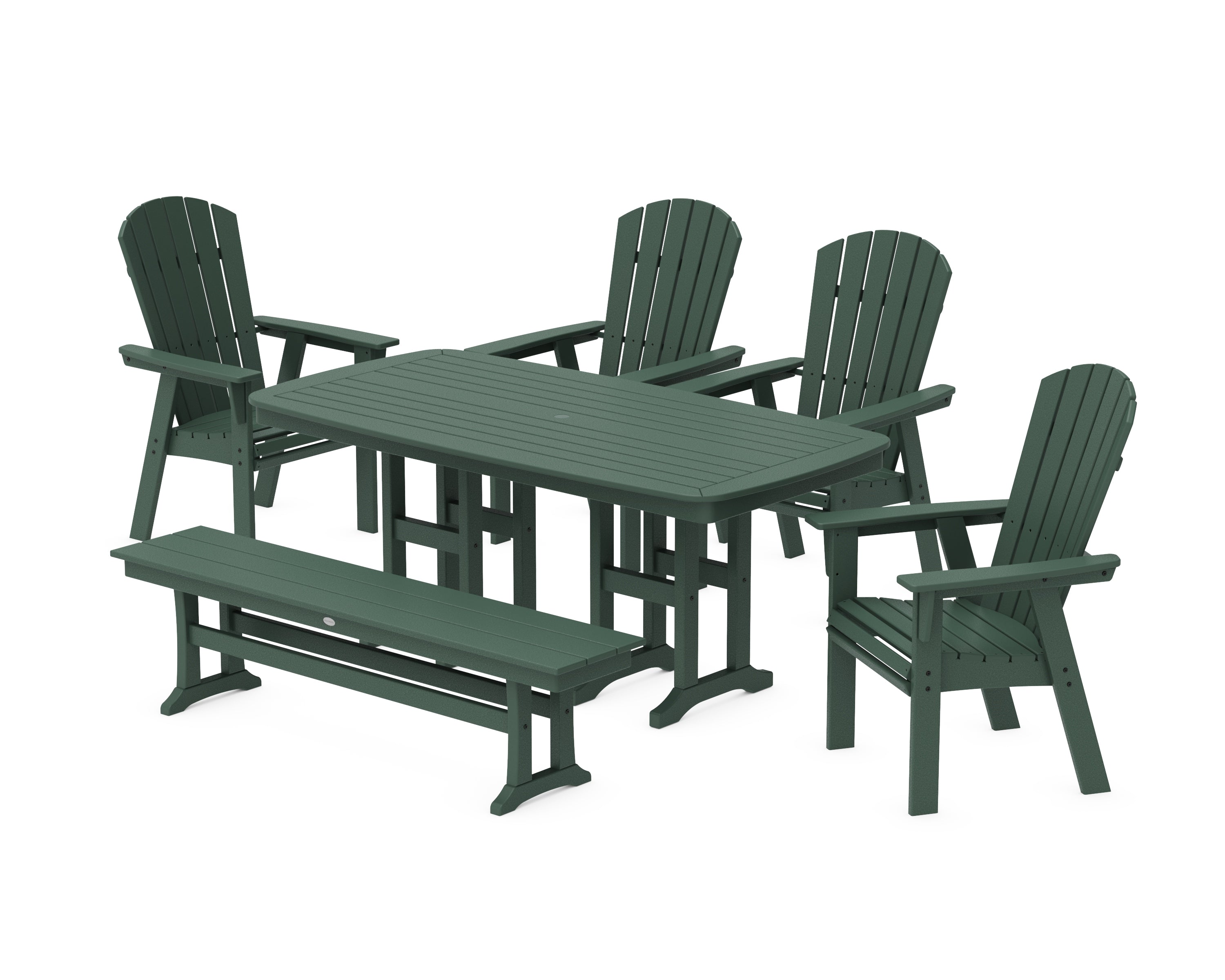 POLYWOOD Nautical Curveback Adirondack 6-Piece Dining Set with Bench in Green