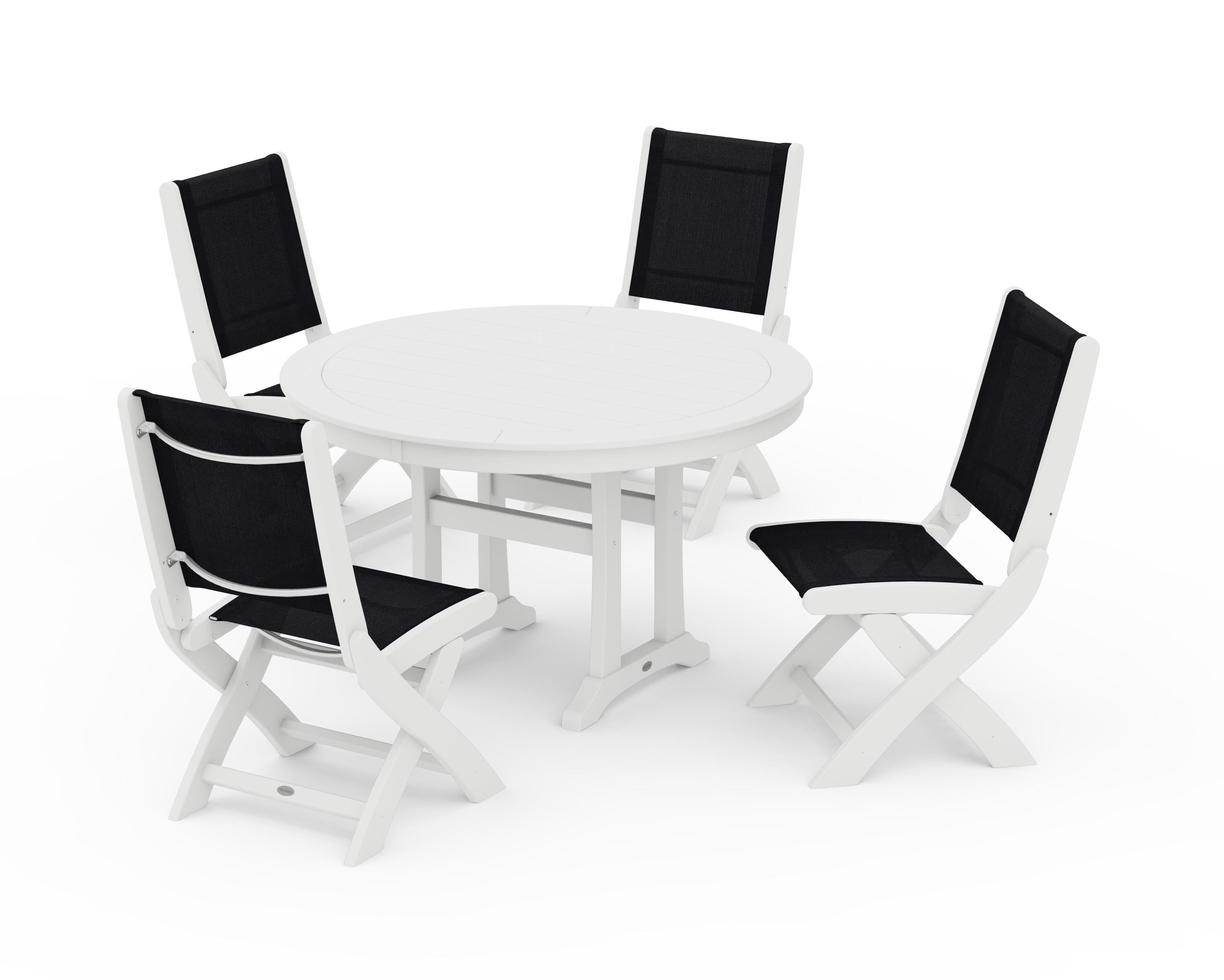 POLYWOOD Coastal Folding Side Chair 5-Piece Round Dining Set With Trestle Legs in White / Black Sling