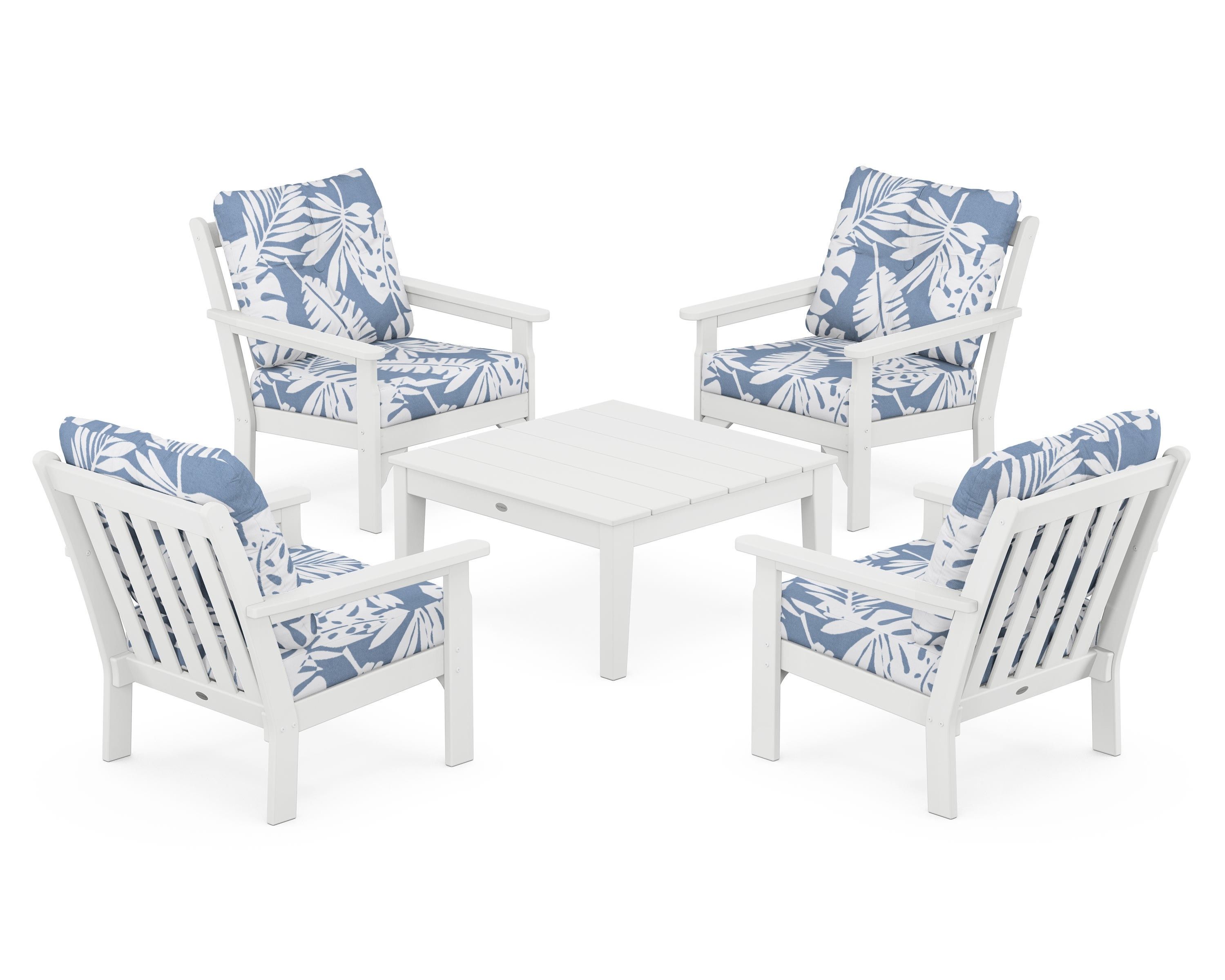 POLYWOOD Vineyard 5-Piece Deep Seating Conversation Set in White / Leaf Sky Blue