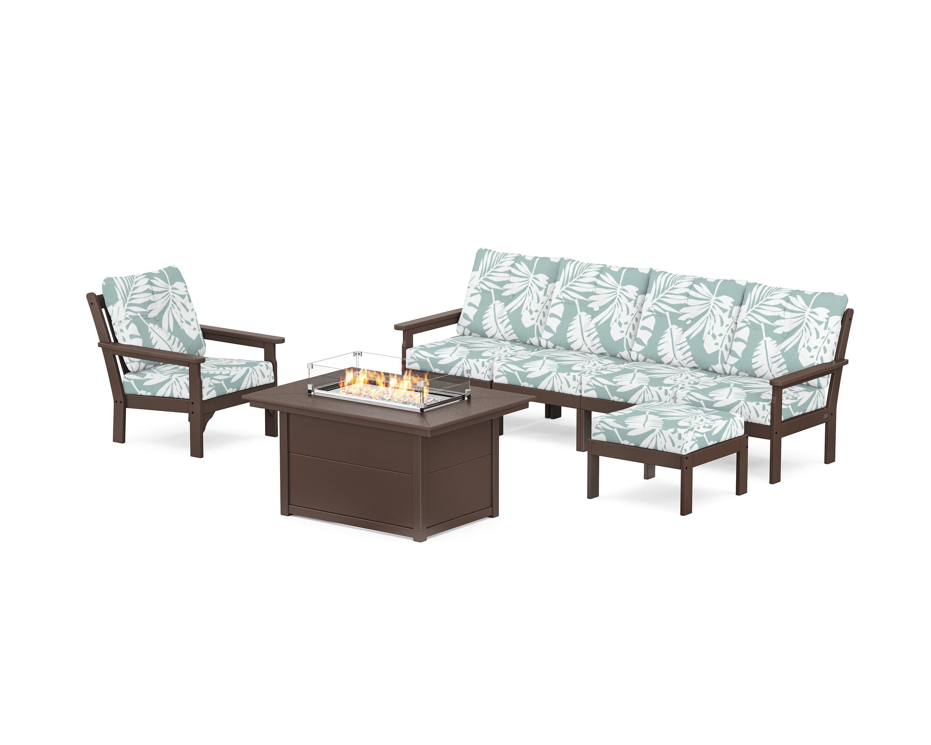 POLYWOOD Vineyard Sectional Lounge and Fire Pit Set in Mahogany / Leaf Glacier Spa