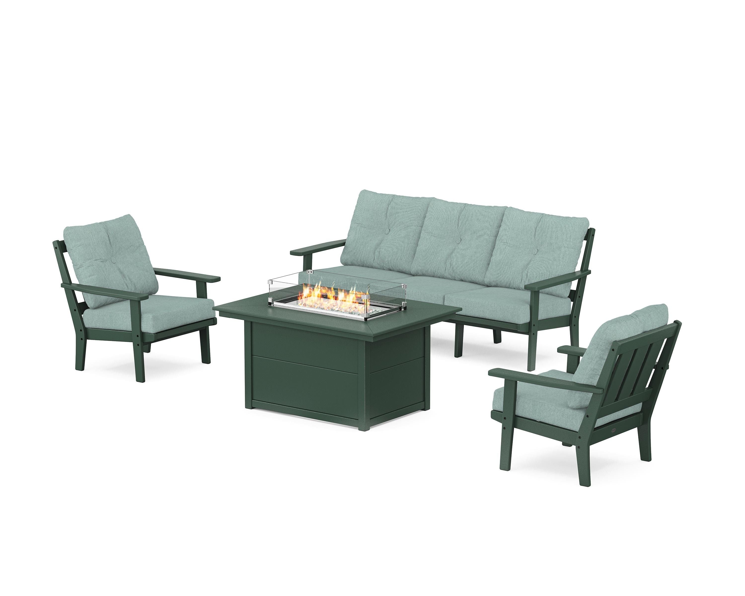 POLYWOOD Oxford Deep Seating Fire Pit Table Set in Green / Glacier Spa