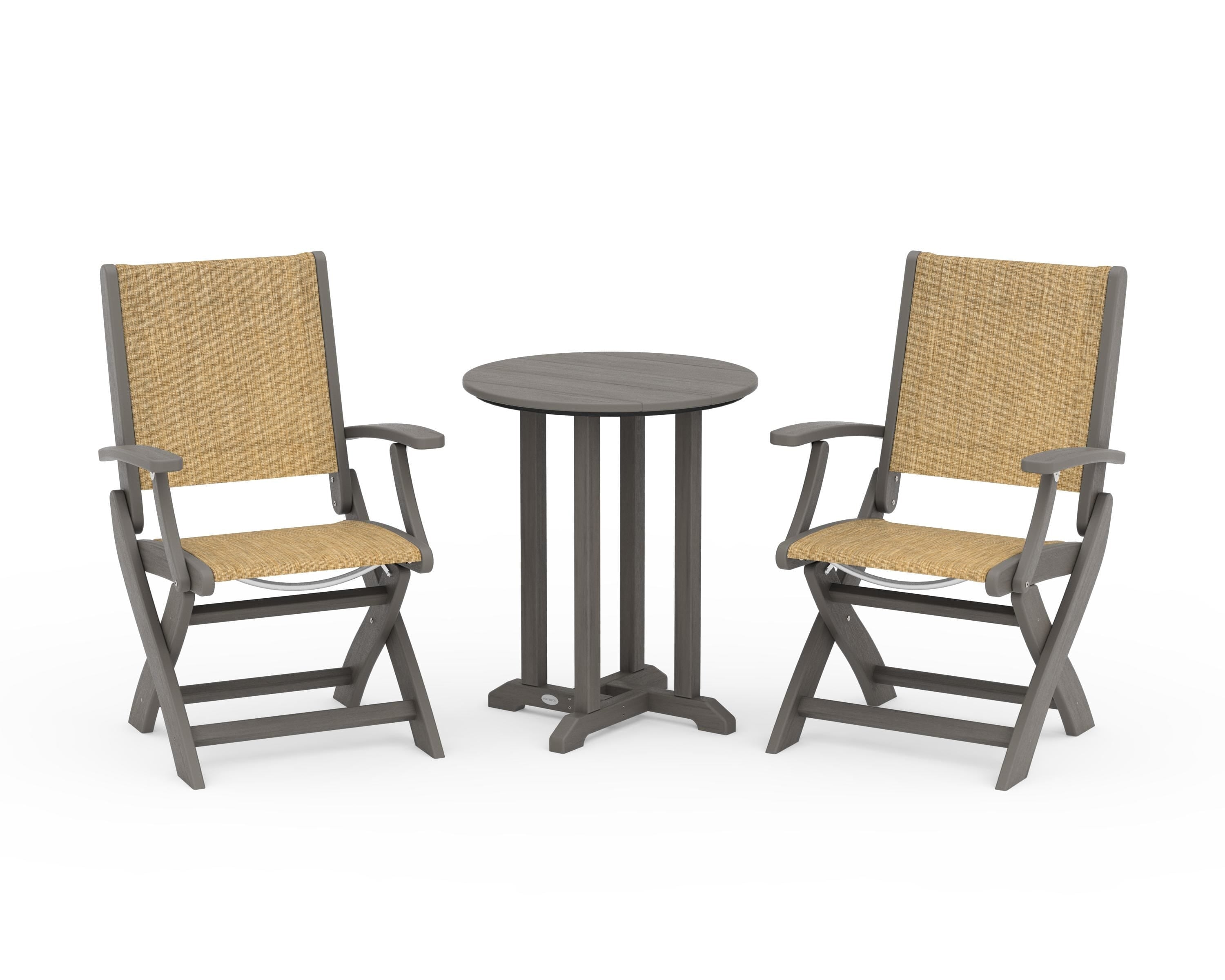 POLYWOOD Coastal Folding 3-Piece Round Bistro Dining Set in Driftwood / Burlap Sling