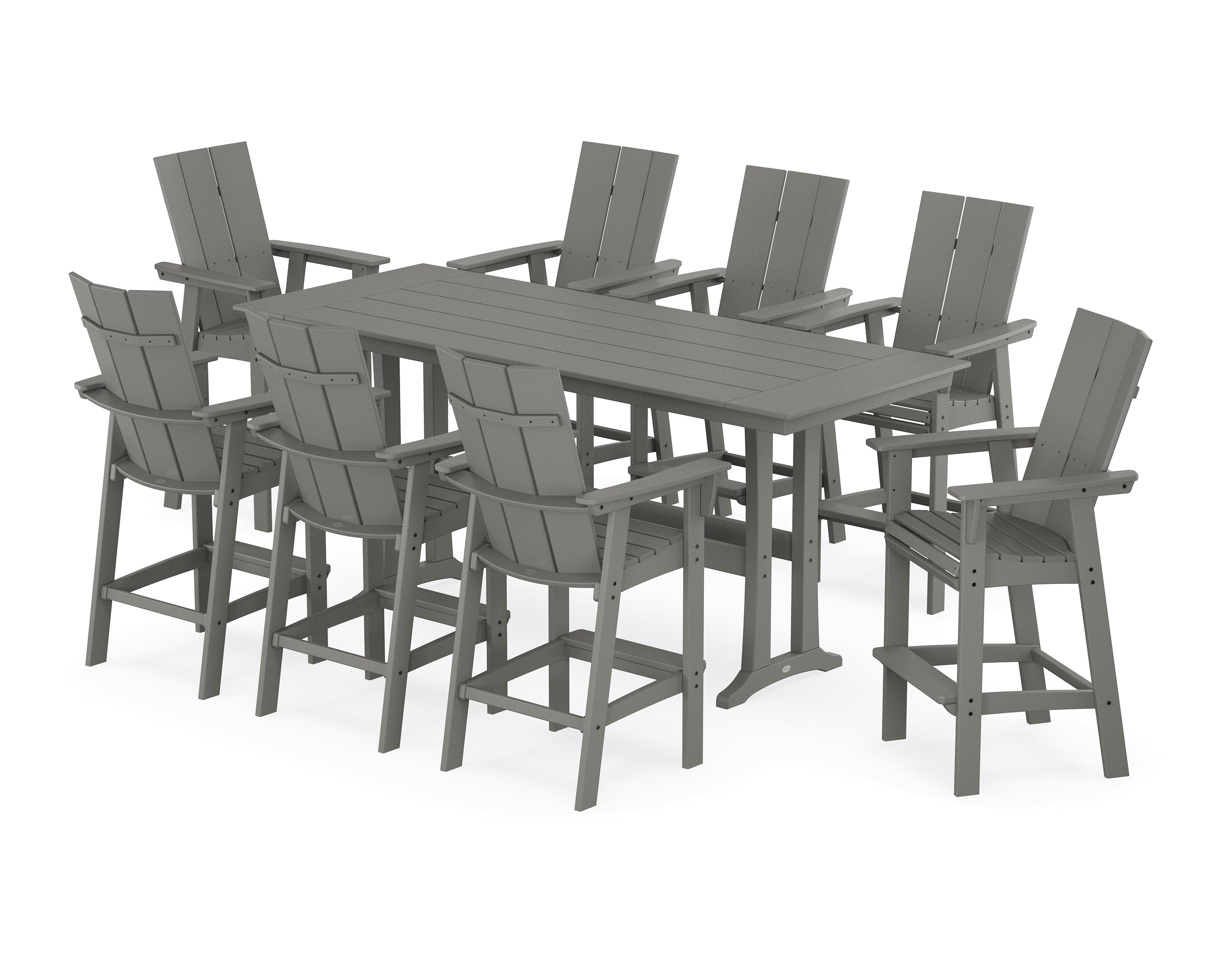 POLYWOOD Modern Curveback Adirondack 9-Piece Farmhouse Bar Set with Trestle Legs in Slate Grey