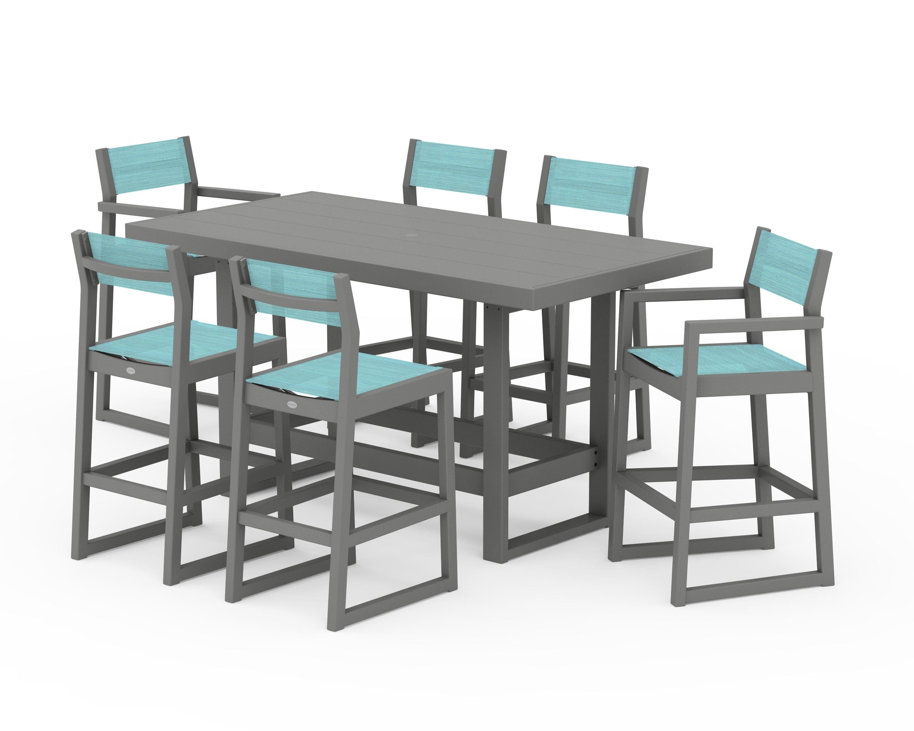POLYWOOD EDGE Sling 7-Piece Bar Table Set in Slate Grey / Dupioni Aquamarine Sling