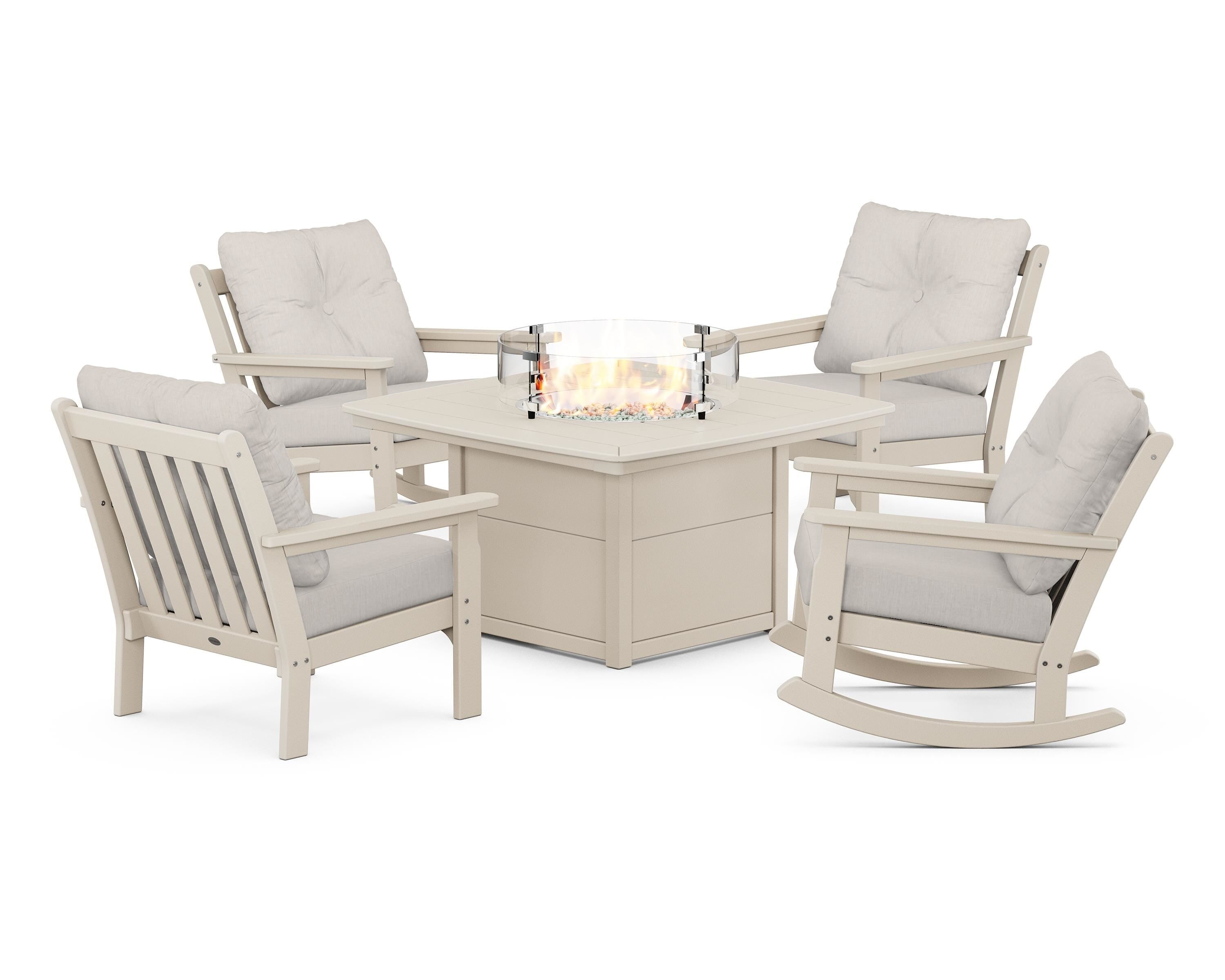 POLYWOOD Vineyard 5-Piece Deep Seating Rocking Chair Conversation Set with Fire Pit Table in Sand / Cast Ash