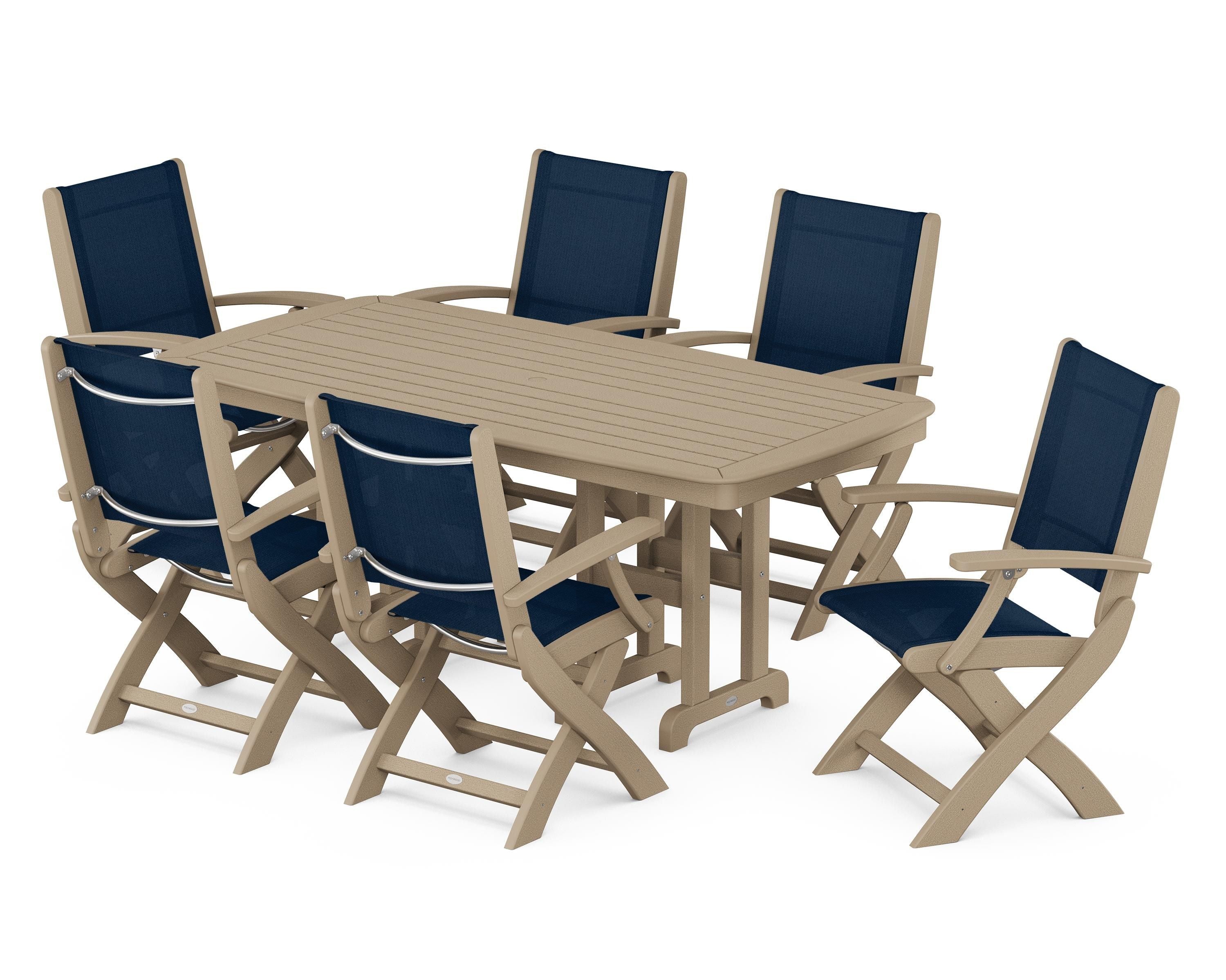 POLYWOOD Coastal Folding Arm Chair 7-Piece Dining Set in Vintage Sahara / Navy Blue Sling