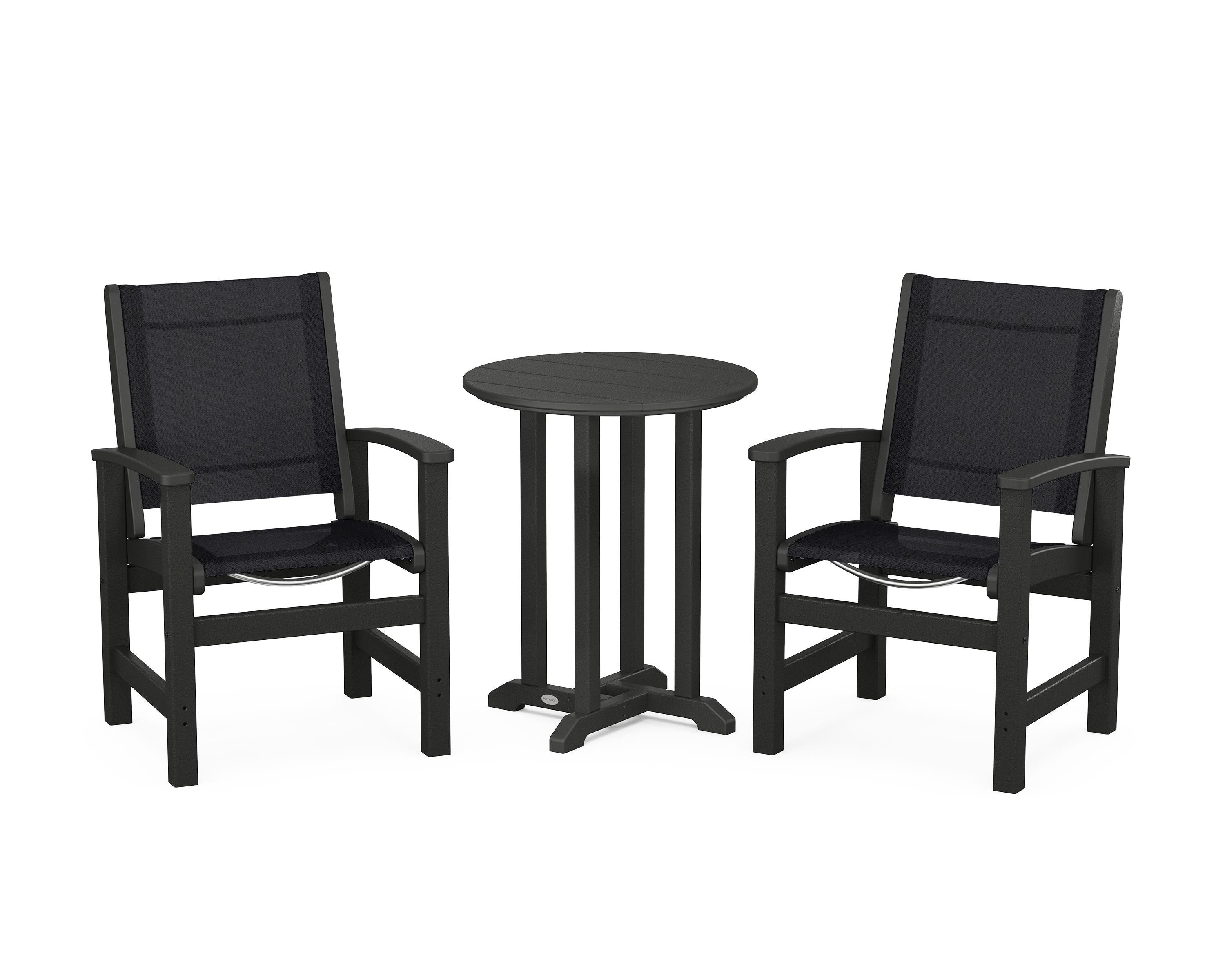 POLYWOOD Coastal 3-Piece Round Bistro Dining Set in Black / Black Sling