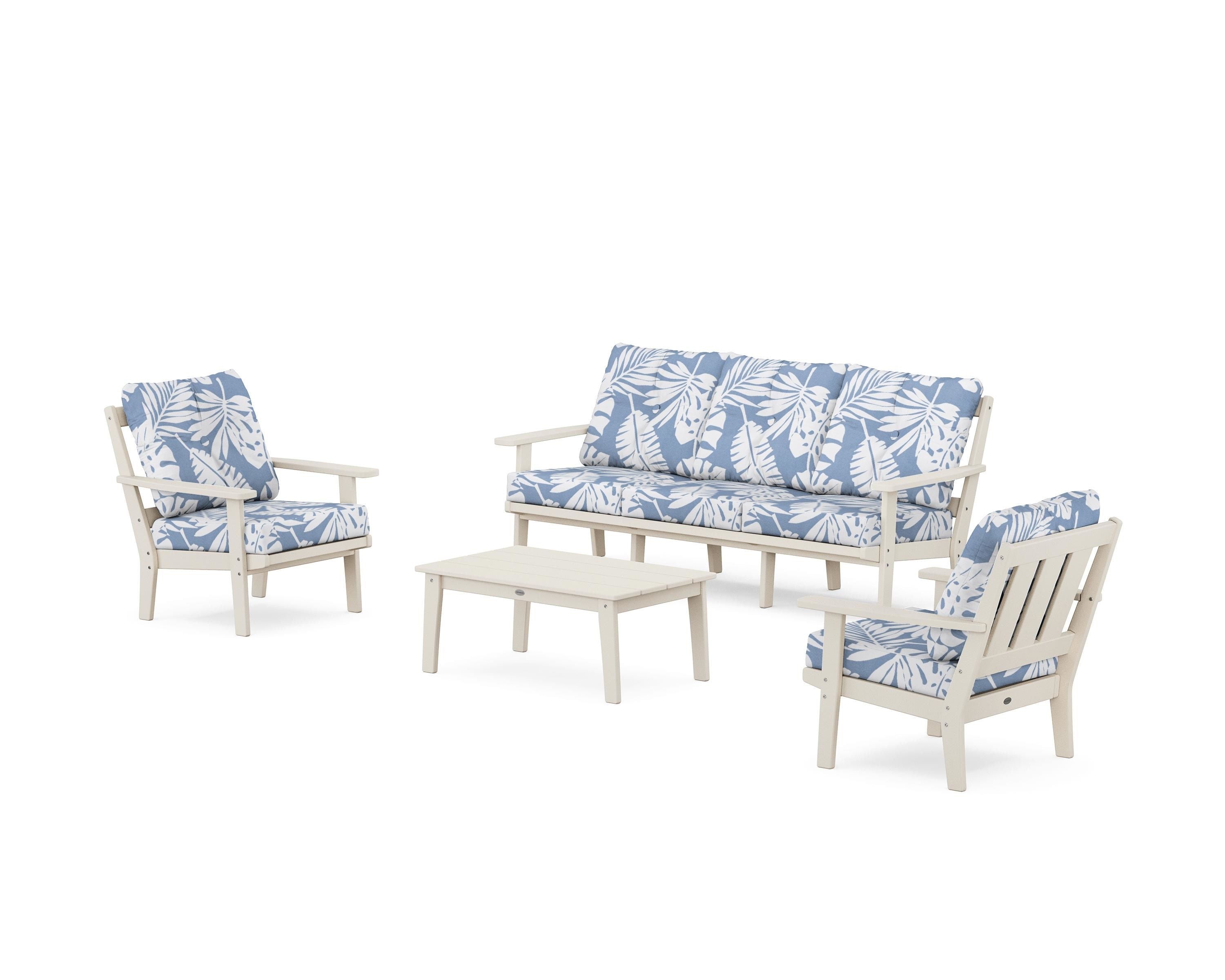POLYWOOD Oxford 4-Piece Deep Seating Set with Sofa in Sand / Leaf Sky Blue
