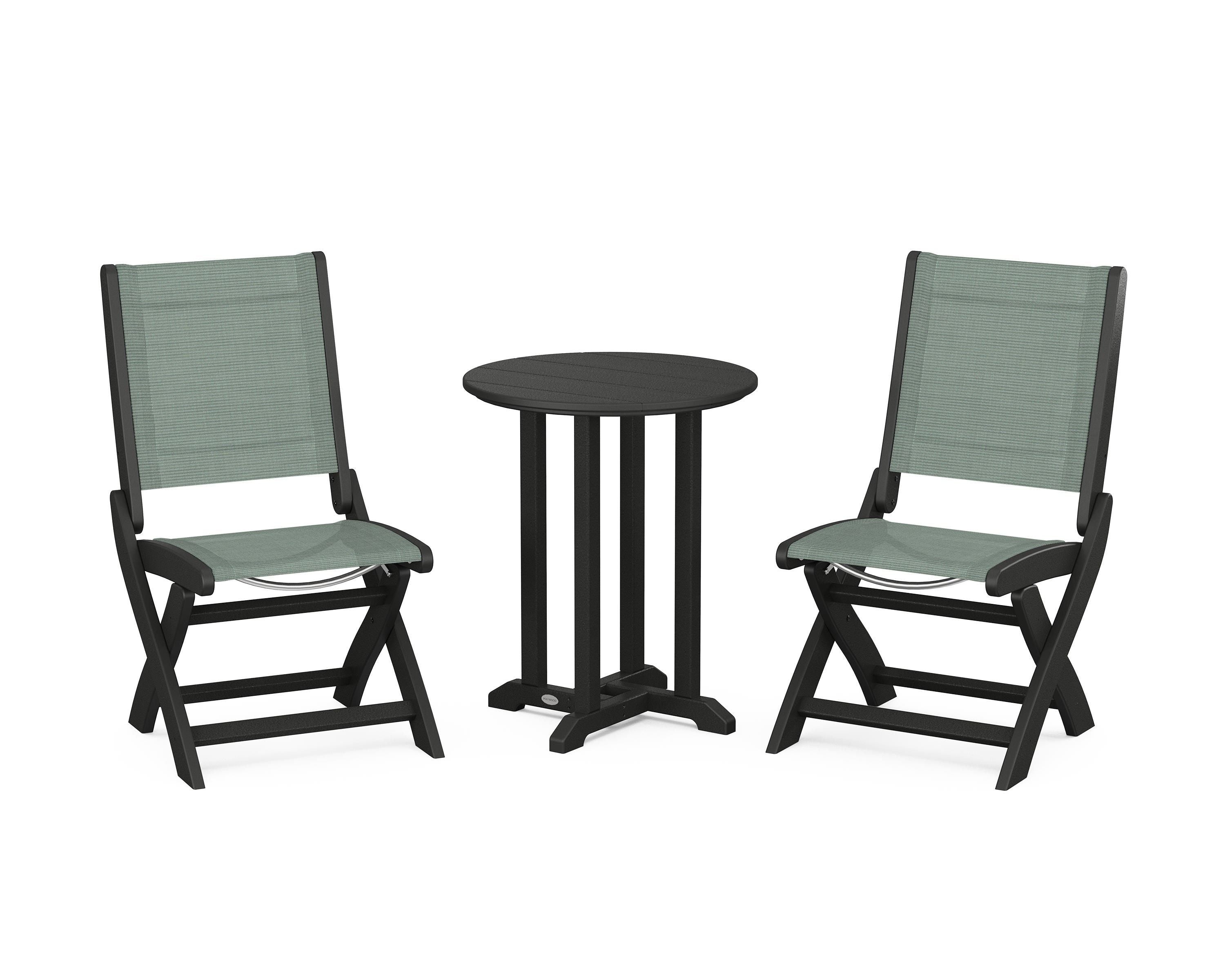 POLYWOOD Coastal Folding Side Chair 3-Piece Round Bistro Dining Set in Black / Dupioni Sea Mist Sling