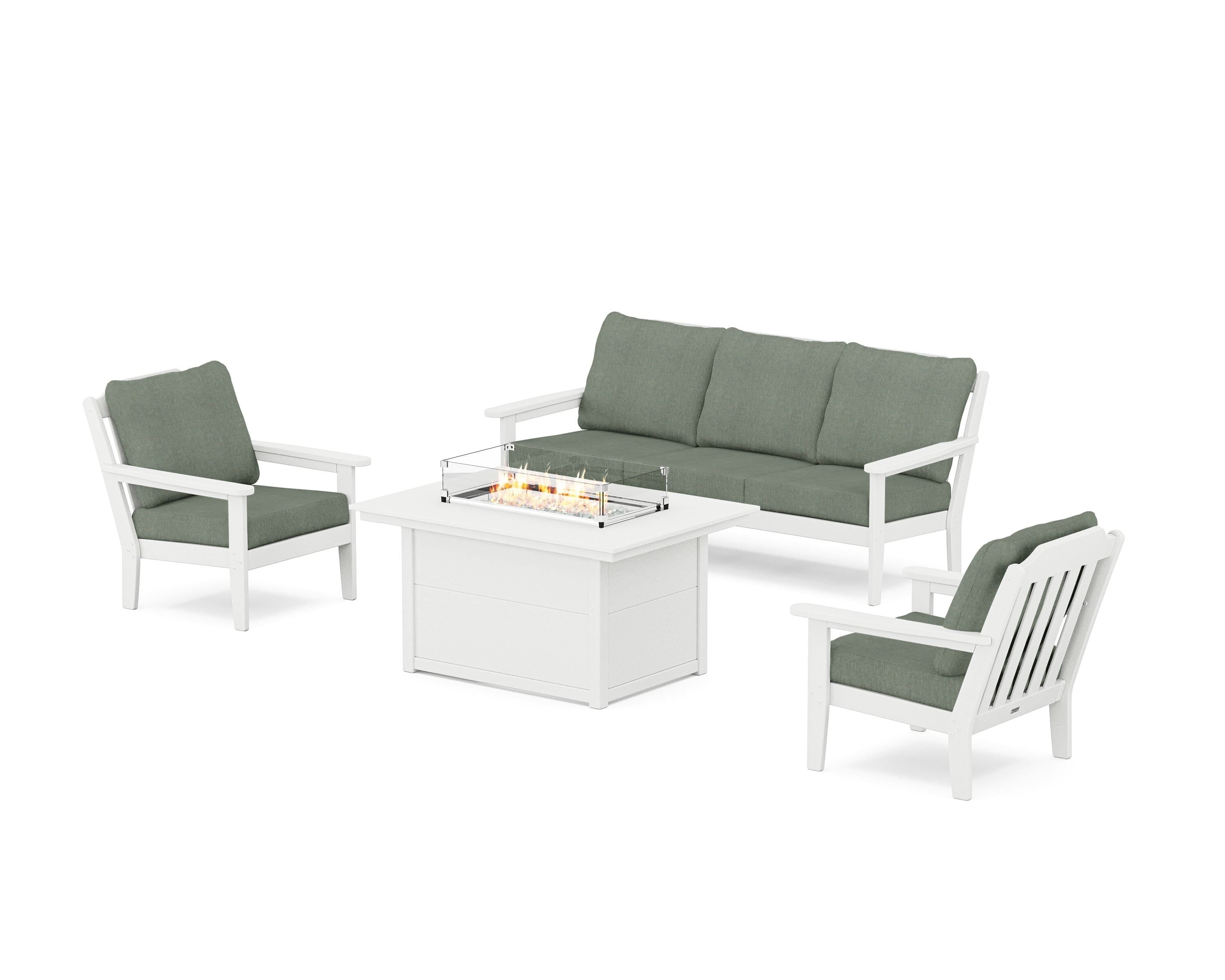 Country Living Cottage Deep Seating Fire Pit Table Set in White / Cast Sage