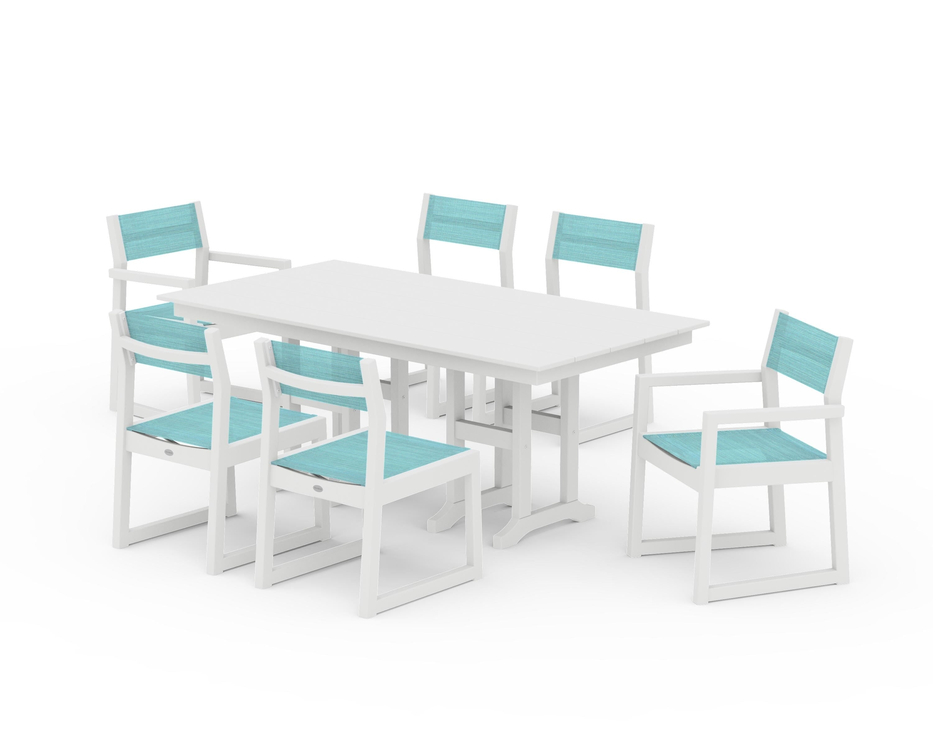 POLYWOOD EDGE Sling 7-Piece Farmhouse Dining Set in White / Dupioni Aquamarine Sling