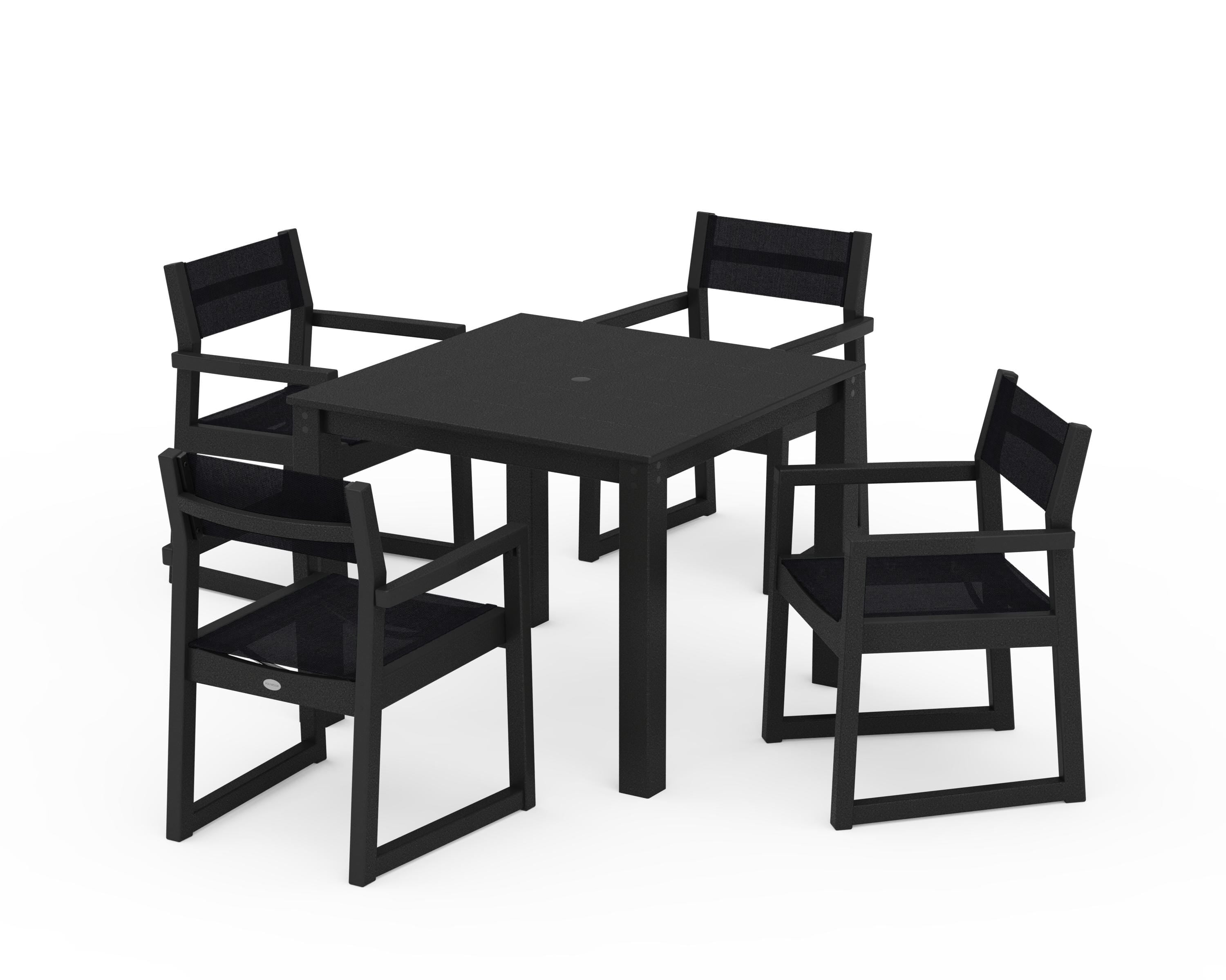 POLYWOOD EDGE Sling Arm Chair 5-Piece Parsons Dining Set in Black / Black Sling