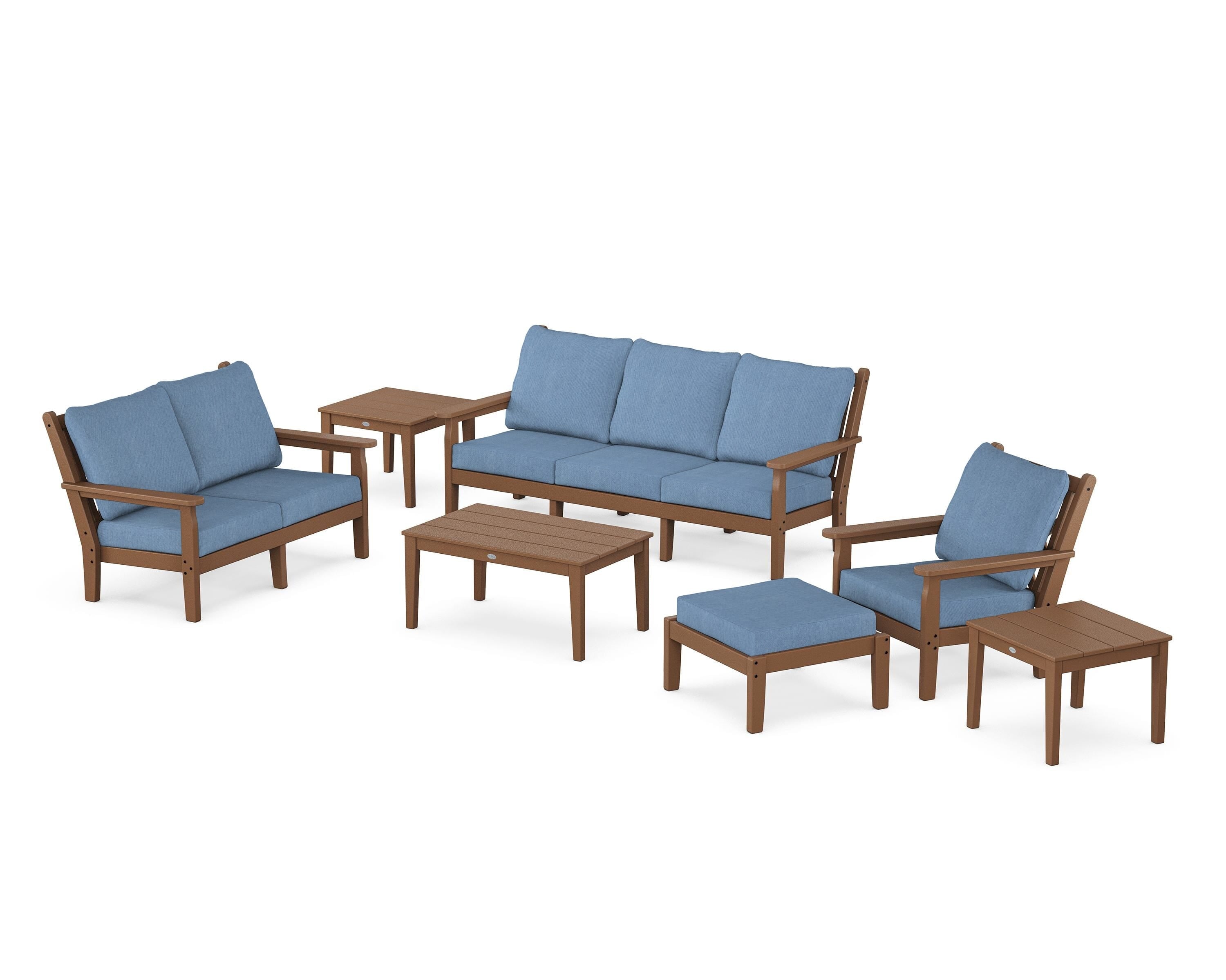 POLYWOOD Chippendale 7-Piece Deep Seating Set in Teak / Sky Blue