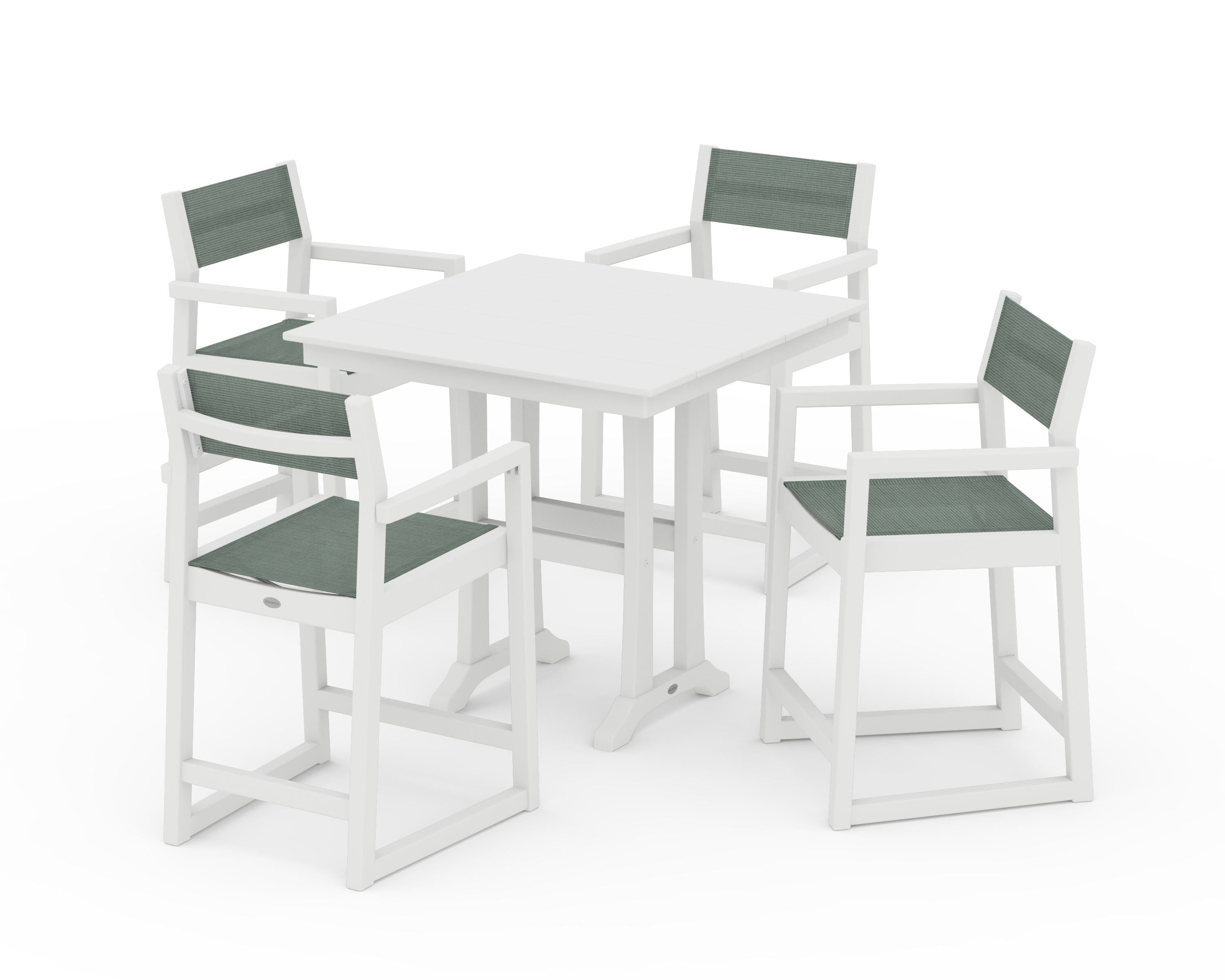 POLYWOOD EDGE Sling Arm Chair 5-Piece Farmhouse Counter Set with Trestle Legs in White / Dupioni Sea Mist Sling