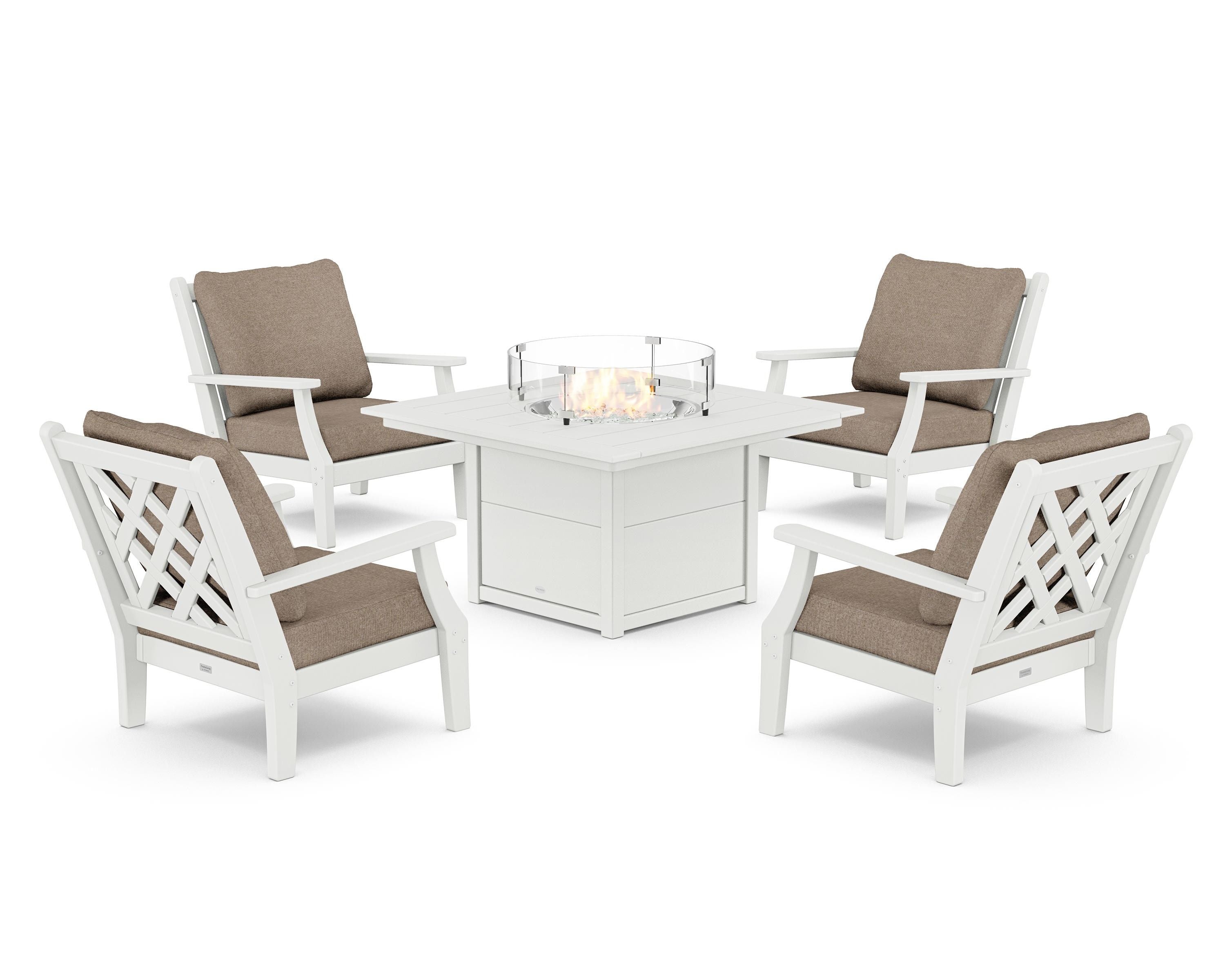 Country Living Wovendale 5-Piece Deep Seating Set with Fire Pit Table in White / Spiced Burlap