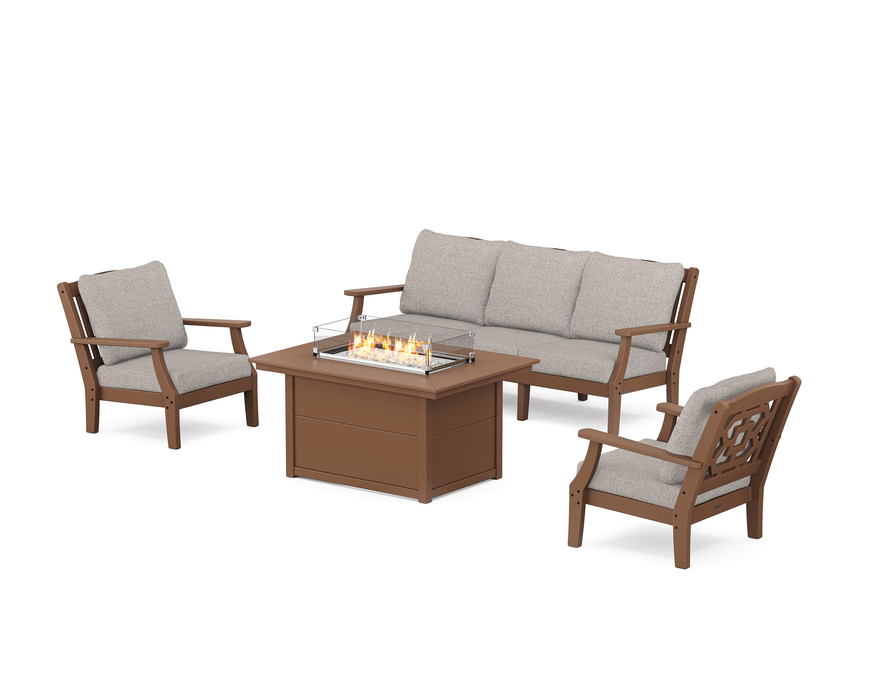 Martha Stewart by POLYWOOD Chinoiserie Deep Seating Fire Pit Table Set in Teak / Weathered Tweed