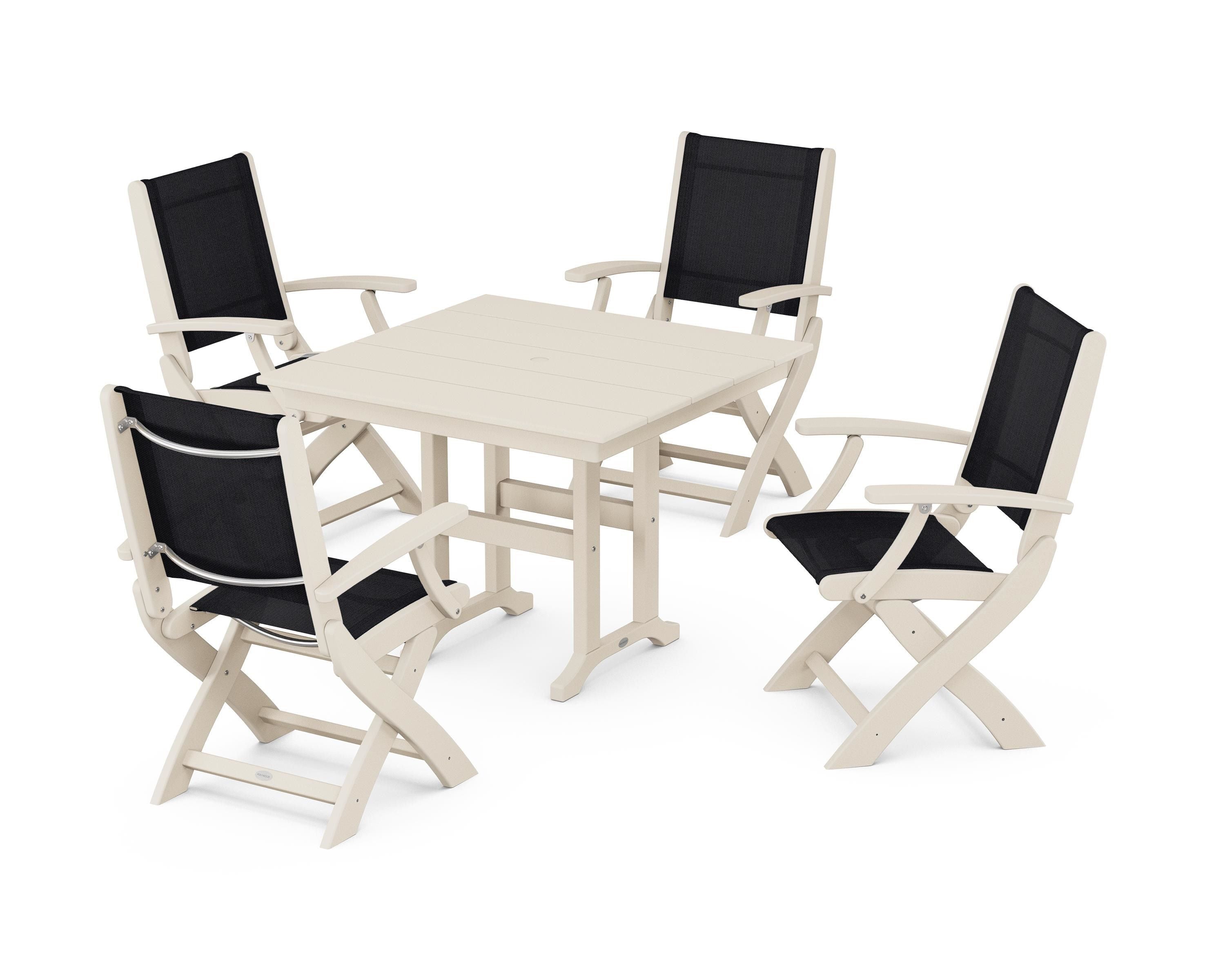 POLYWOOD Coastal Folding Chair 5-Piece Farmhouse Dining Set in Sand / Black Sling