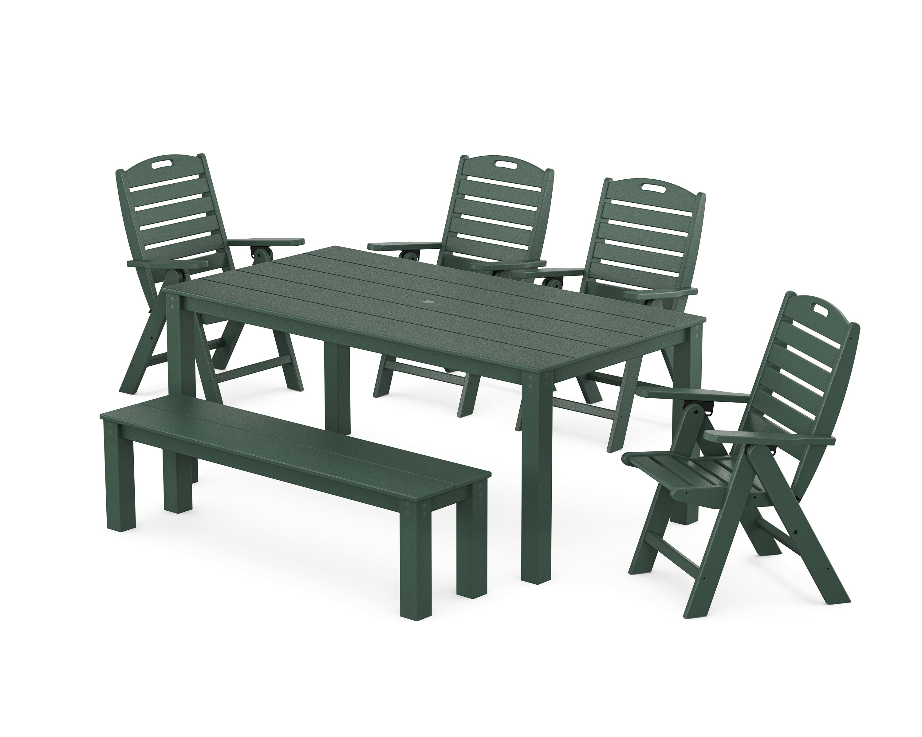 POLYWOOD Nautical Folding Highback Chair 6-Piece Parsons Dining Set with Bench in Green