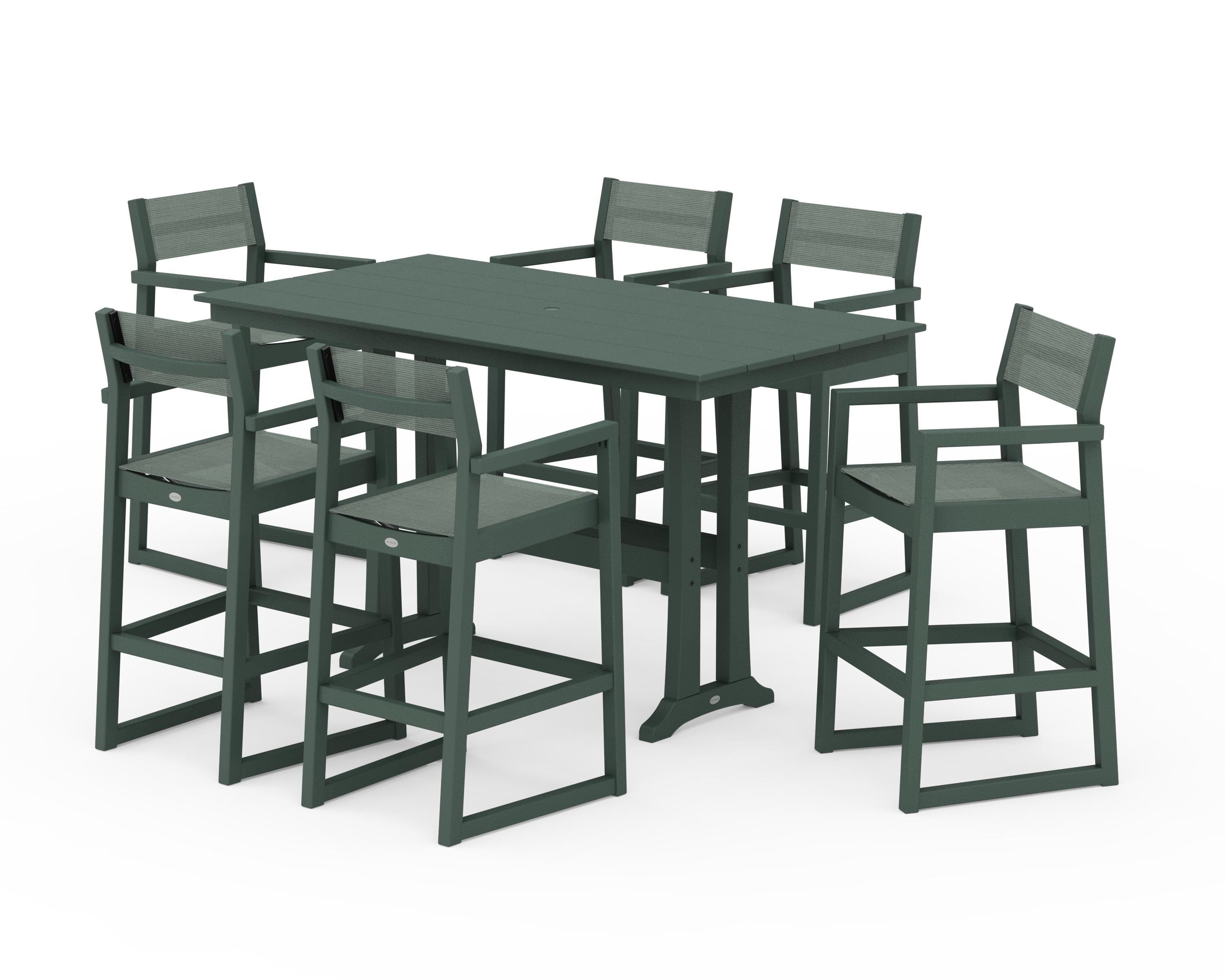 POLYWOOD EDGE Sling Arm Chair 7-Piece Farmhouse Bar Set with Trestle Legs in Green / Dupioni Sea Mist Sling