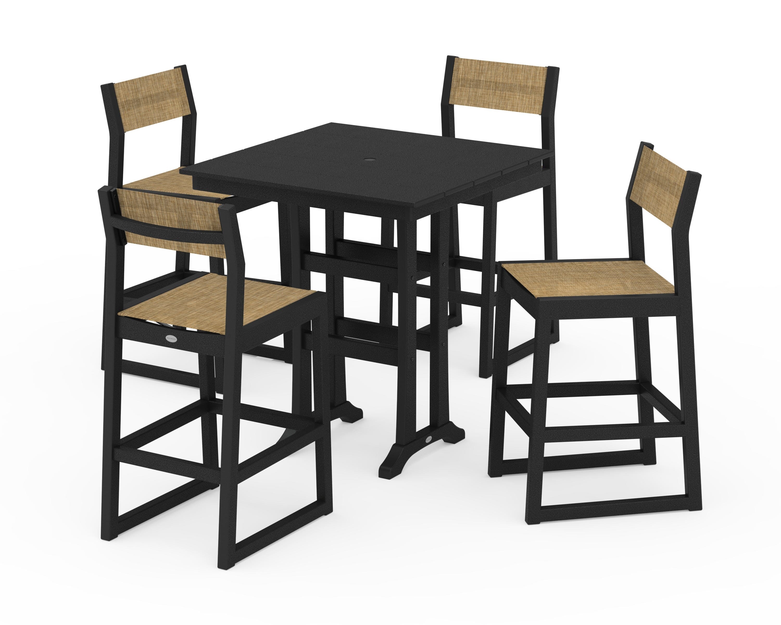 POLYWOOD EDGE Sling Arm Chair 5-Piece Farmhouse Bar Set with Trestle Legs in Black / Burlap Sling