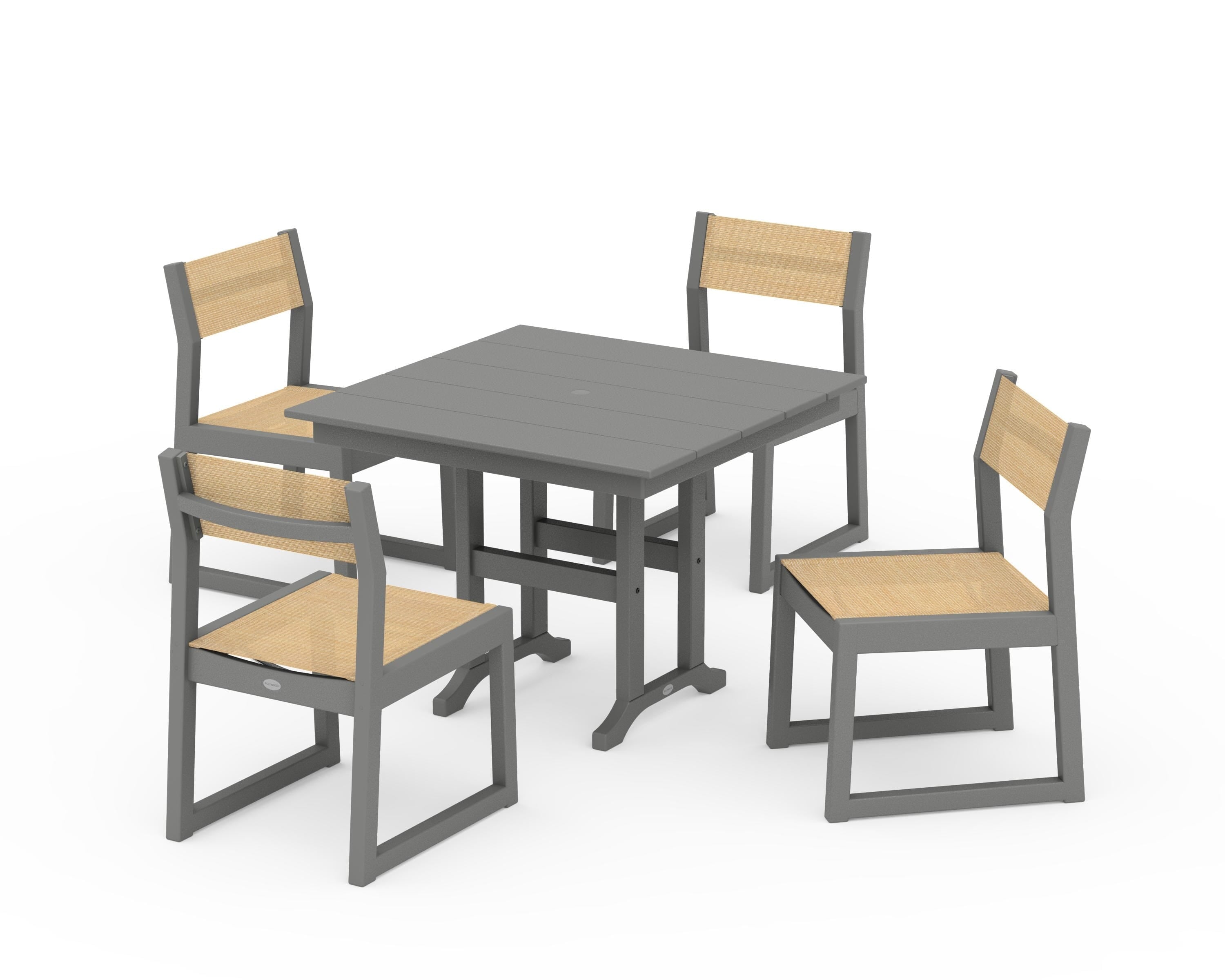 POLYWOOD EDGE Sling Side Chair 5-Piece Farmhouse Dining Set in Slate Grey / Dupioni Apricot Sling