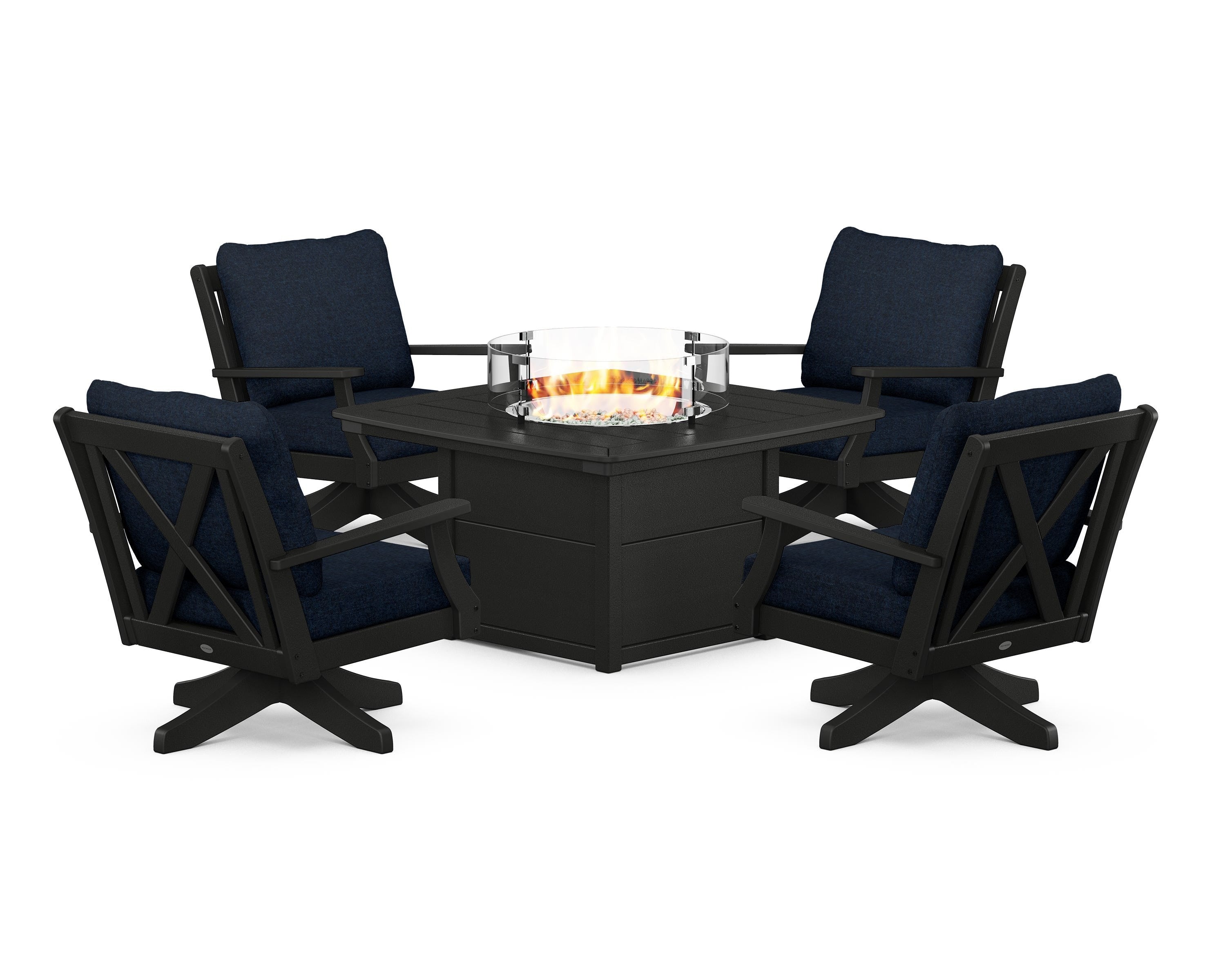 POLYWOOD Braxton 5-Piece Deep Seating Swivel Conversation Set with Fire Pit Table in Black / Marine Indigo