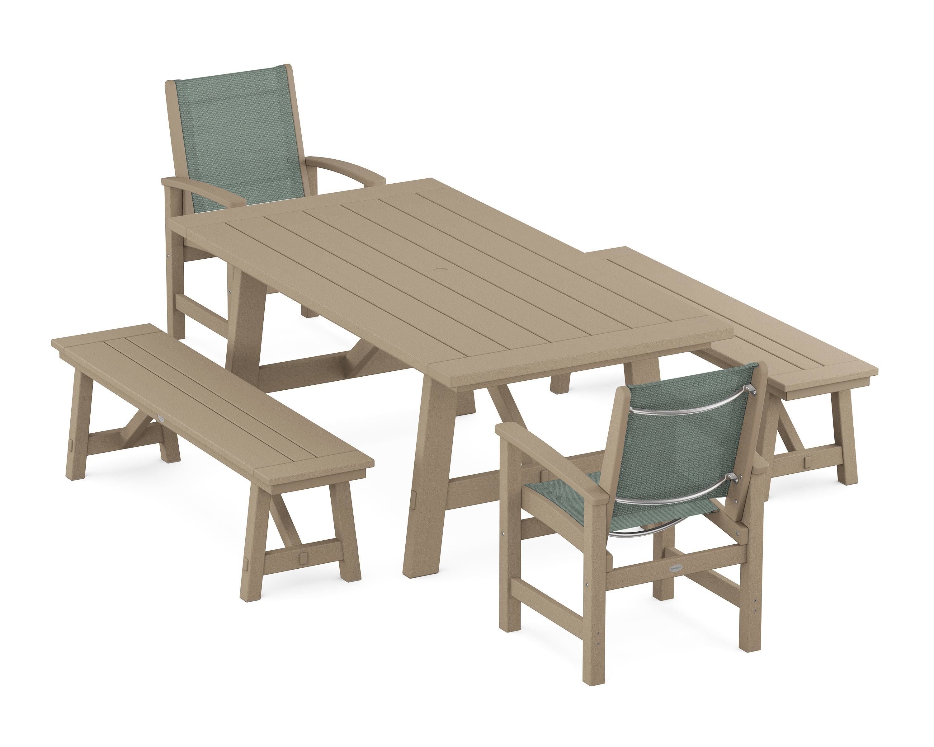 POLYWOOD Coastal 5-Piece Rustic Farmhouse Dining Set With Benches in Vintage Sahara / Dupioni Sea Mist Sling