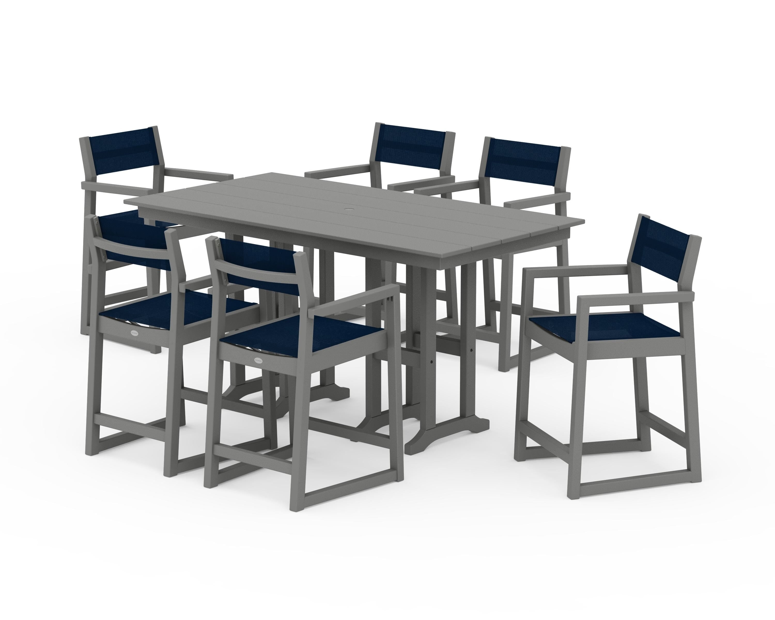 POLYWOOD EDGE Sling Arm Chair 7-Piece Farmhouse Counter Set in Slate Grey / Navy Blue Sling