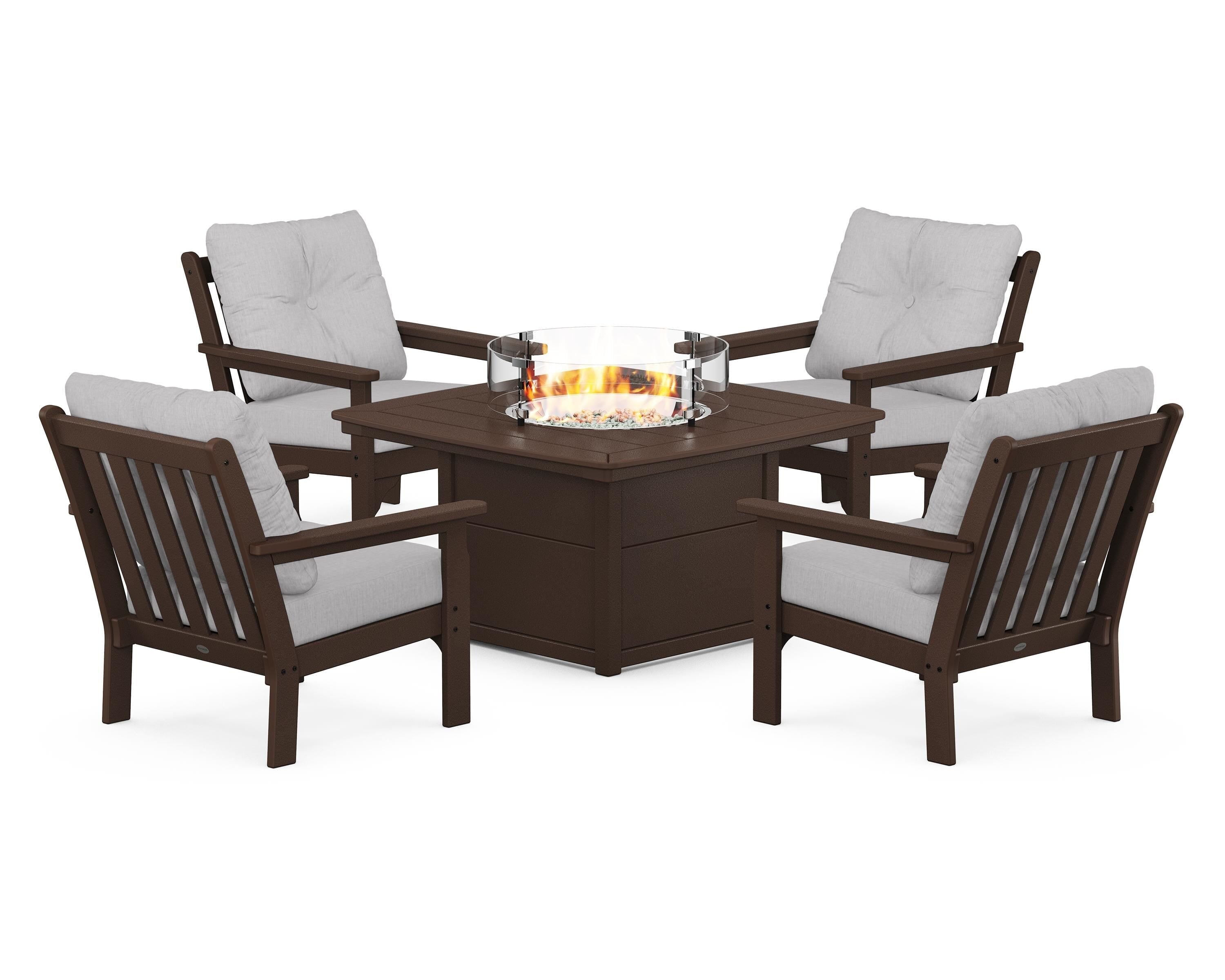 POLYWOOD Vineyard 5-Piece Conversation Set with Fire Pit Table in Mahogany / Granite
