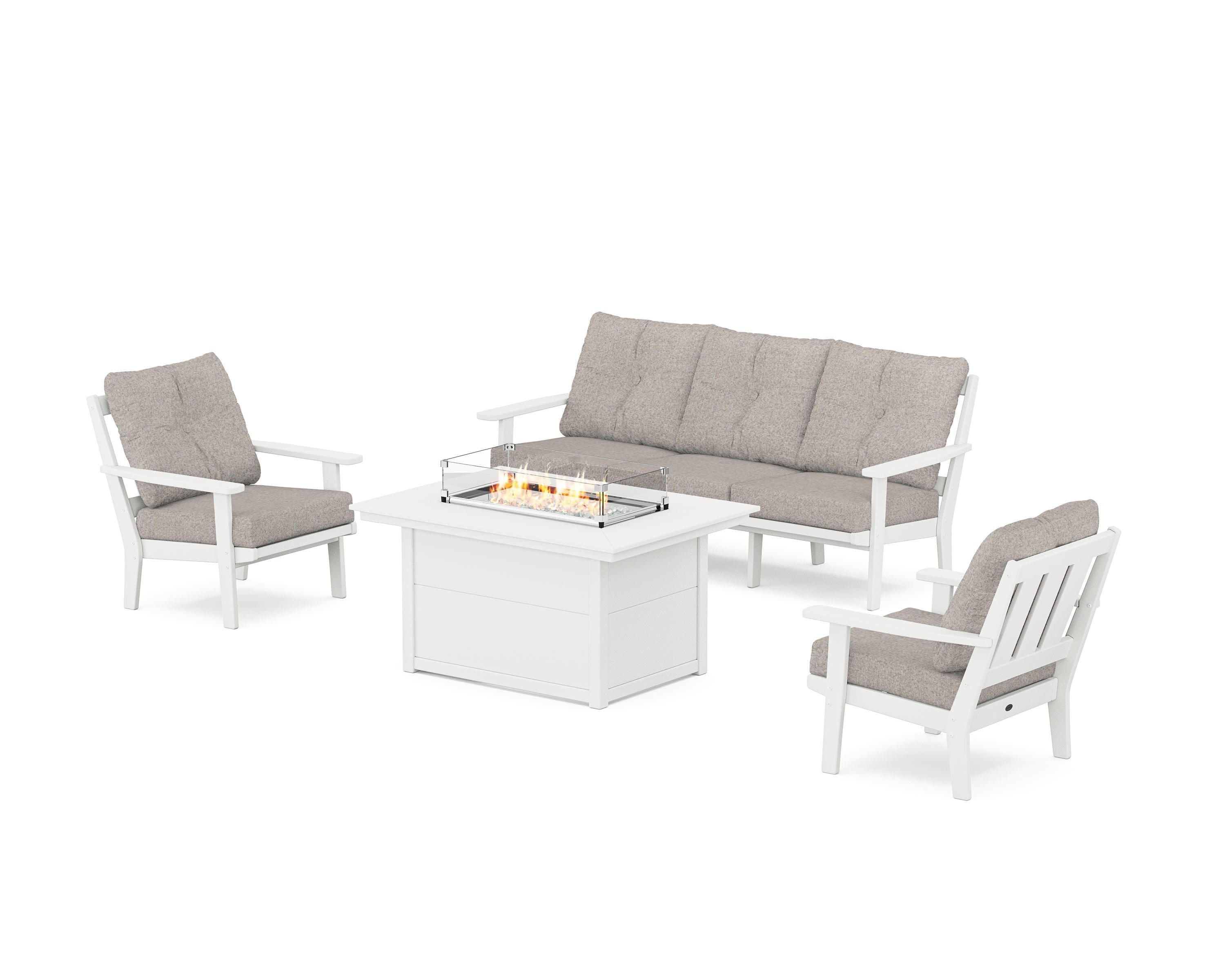 POLYWOOD Oxford Deep Seating Fire Pit Table Set in White / Weathered Tweed
