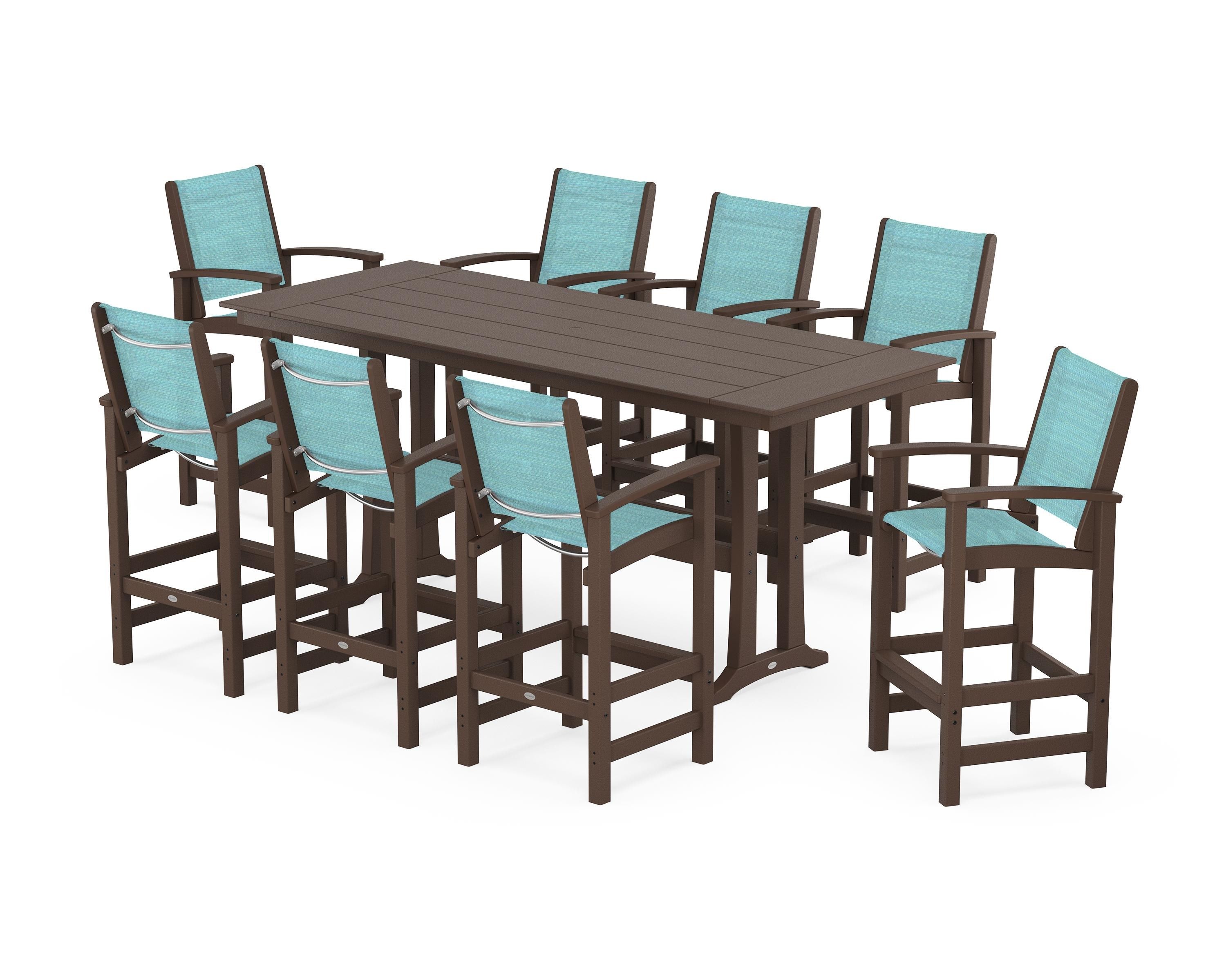 POLYWOOD Coastal 9-Piece Farmhouse Bar Set with Trestle Legs in Mahogany / Dupioni Aquamarine Sling