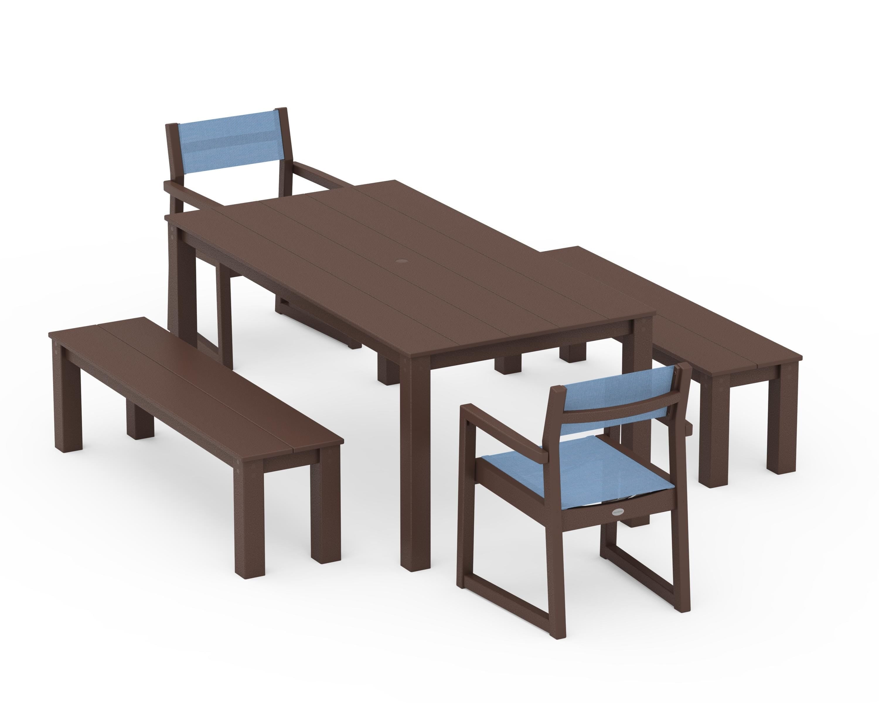 POLYWOOD EDGE Sling Arm Chair 5-Piece Parsons Dining Set with Benches in Mahogany / Poolside Sling
