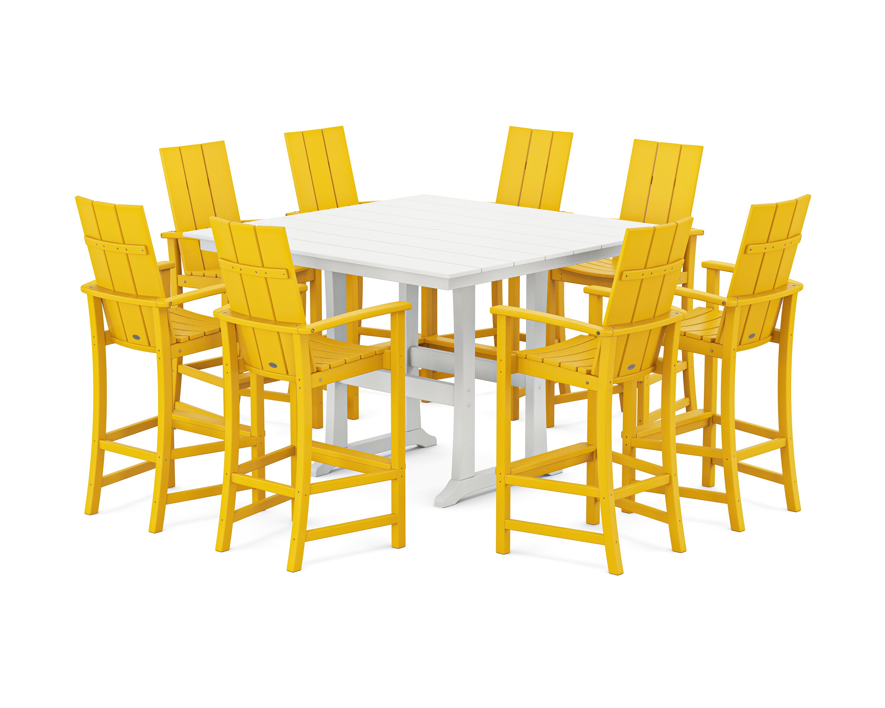POLYWOOD® Modern Adirondack 9-Piece Farmhouse Trestle Bar Set in Lemon / White
